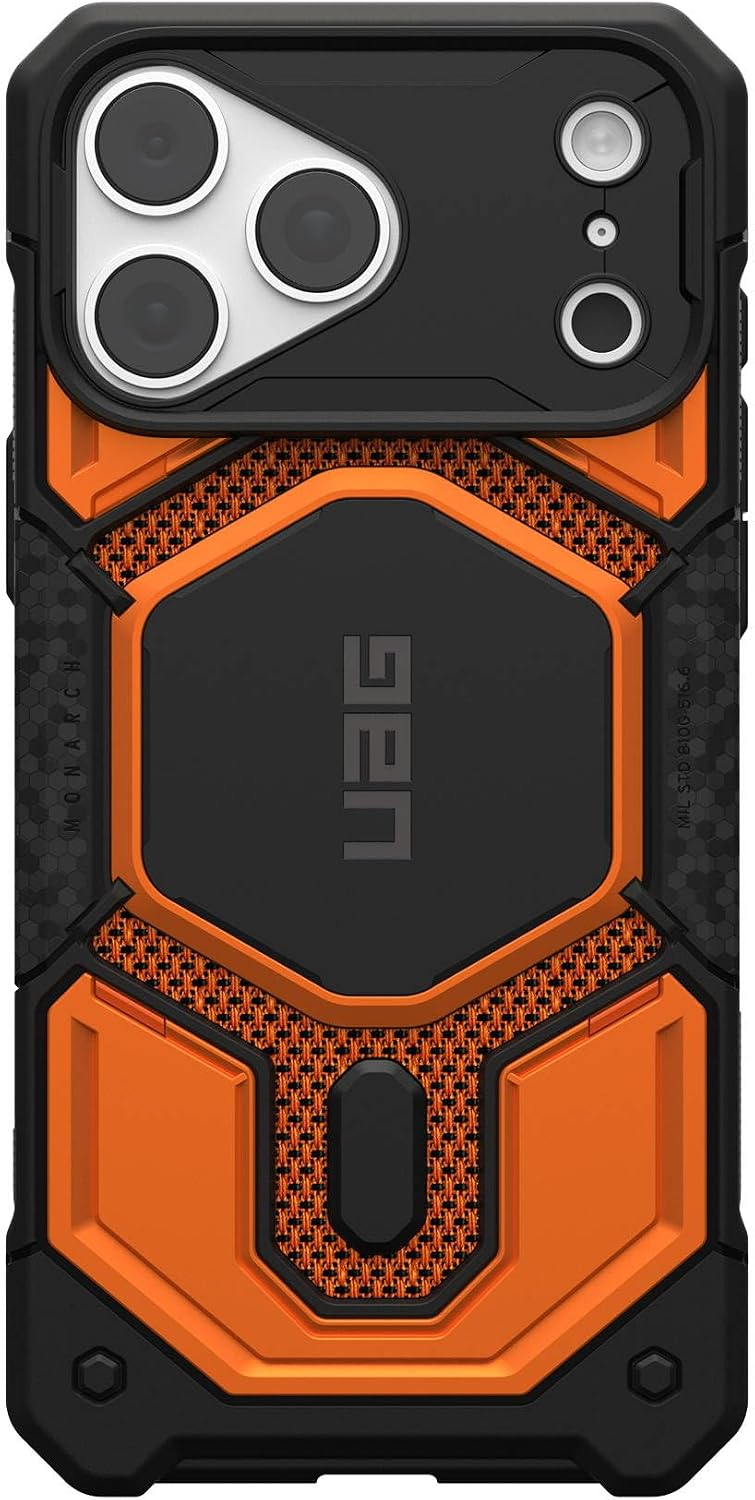 Robustes schwarzes und oranges UAG-Smartphone-Case mit strukturierter sechseckiger Rückseite.