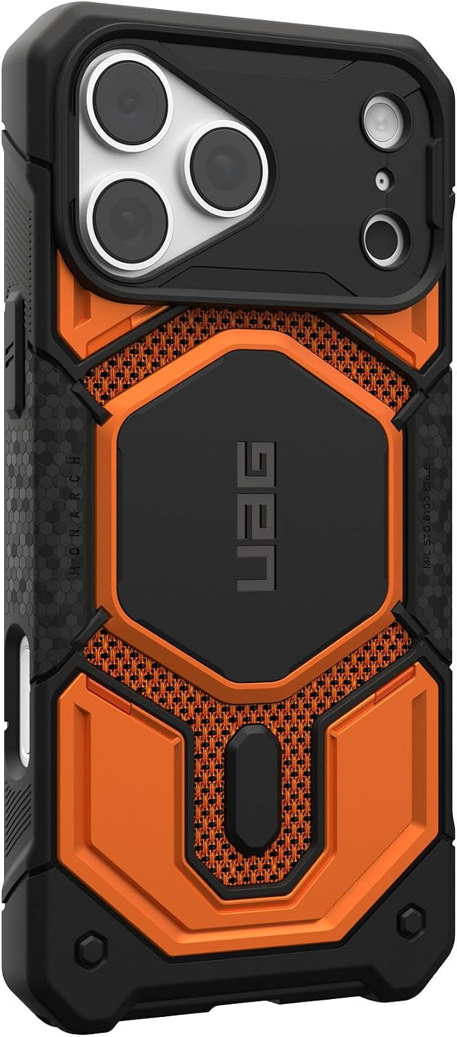 Robuste schwarze und orangefarbene Schutzhülle mit sechseckigem Design und Markenlogo für Smartphones.