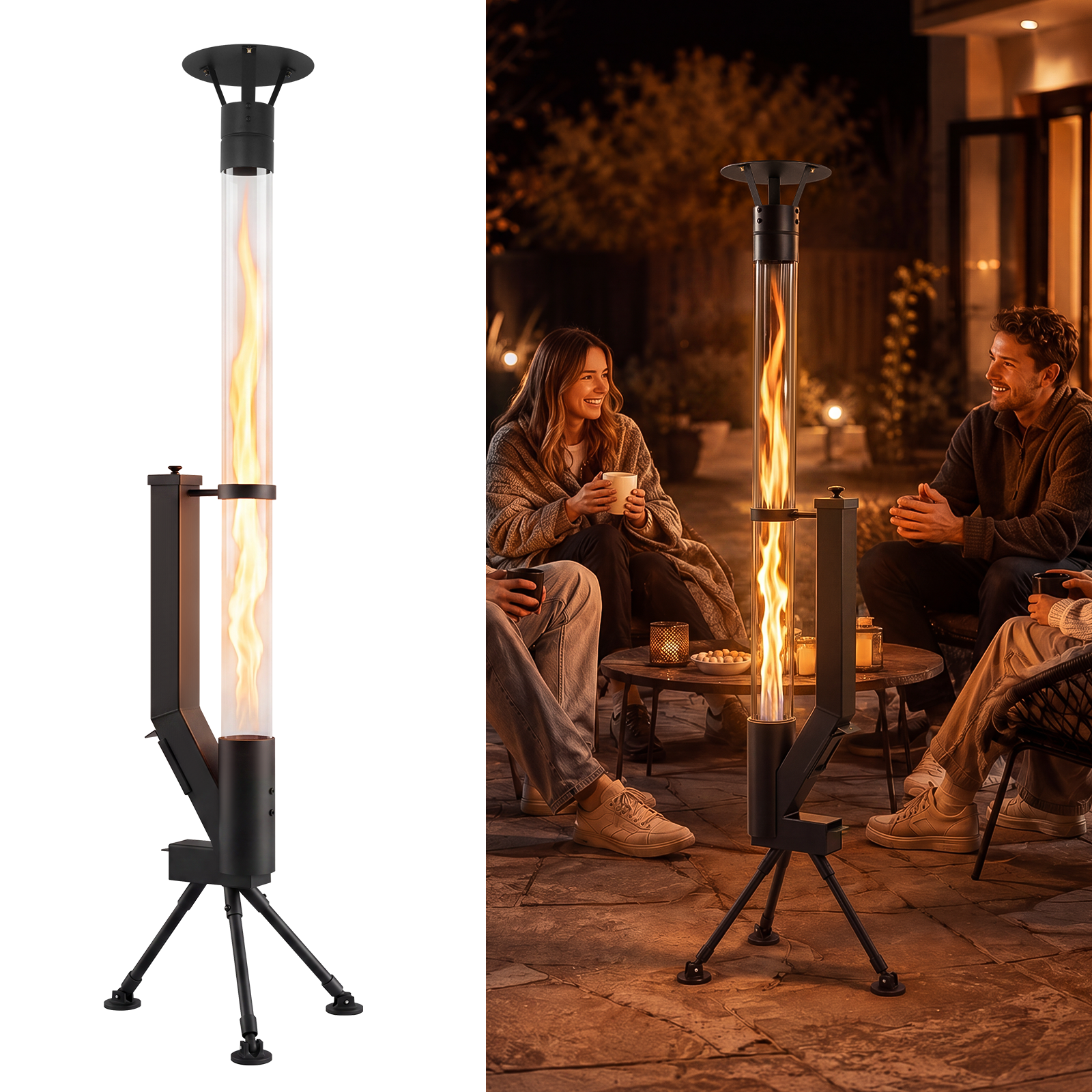 Stufa da patio nera con tubo di vetro alto e fiamma viva, all'aperto di notte con persone riunite.