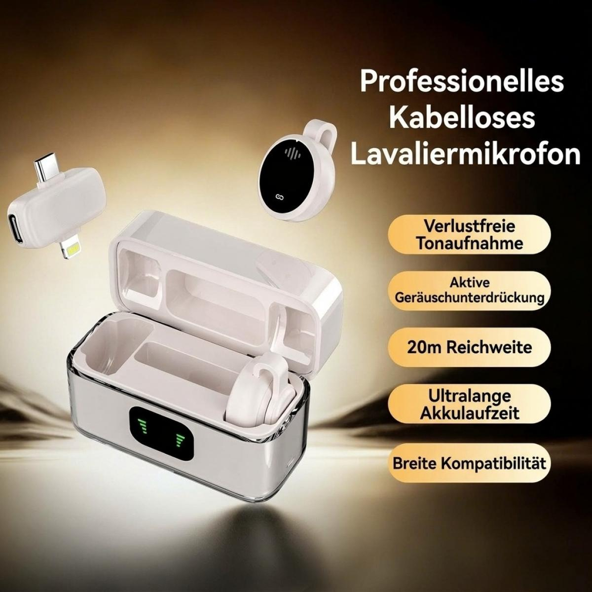 Weißes kabelloses Lavalier-Mikrofon mit Ladeetui, Empfänger und deutschen Texten.