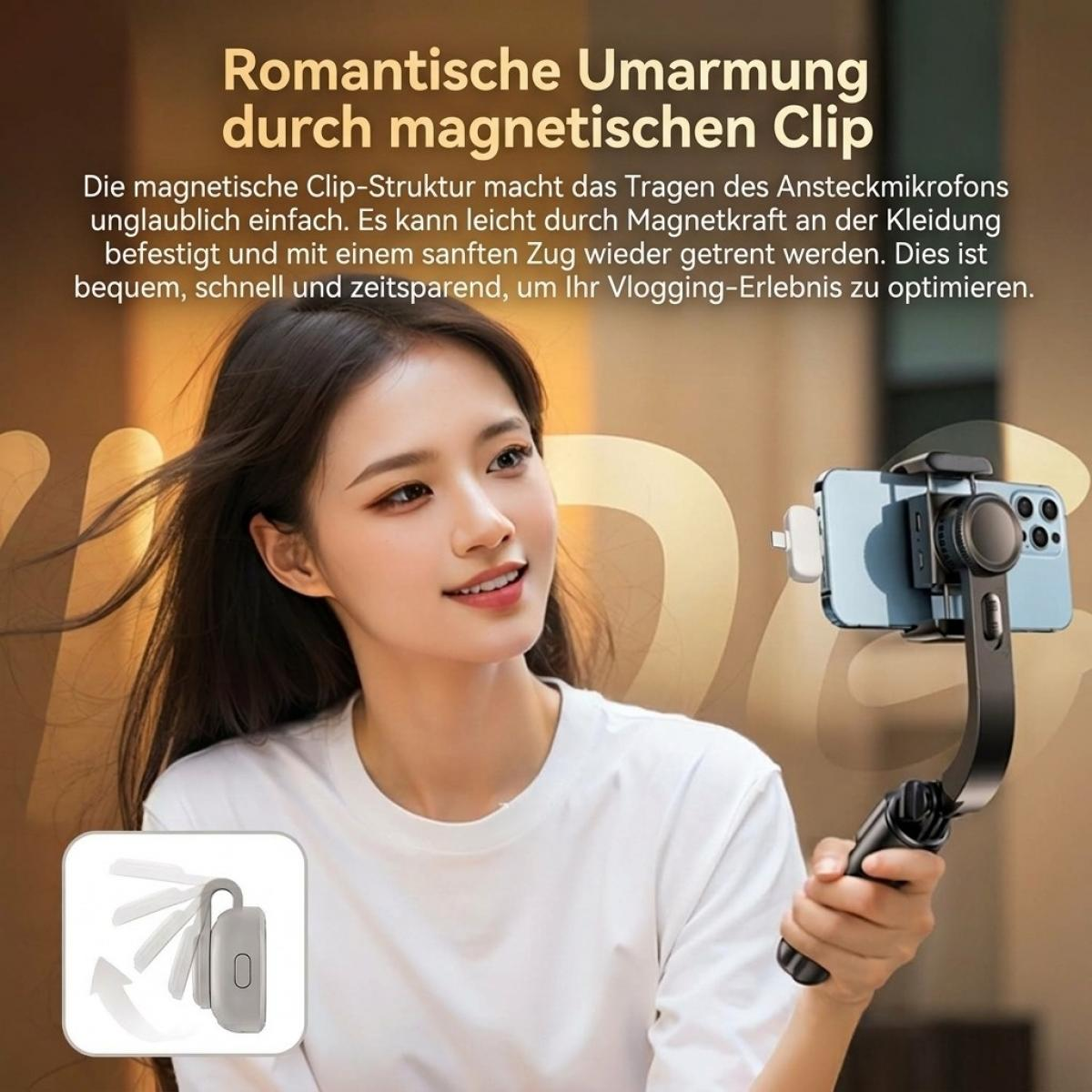 Frau in weißem Shirt hält Smartphone mit Gimbal und Mikrofon; deutscher Werbetext oben.