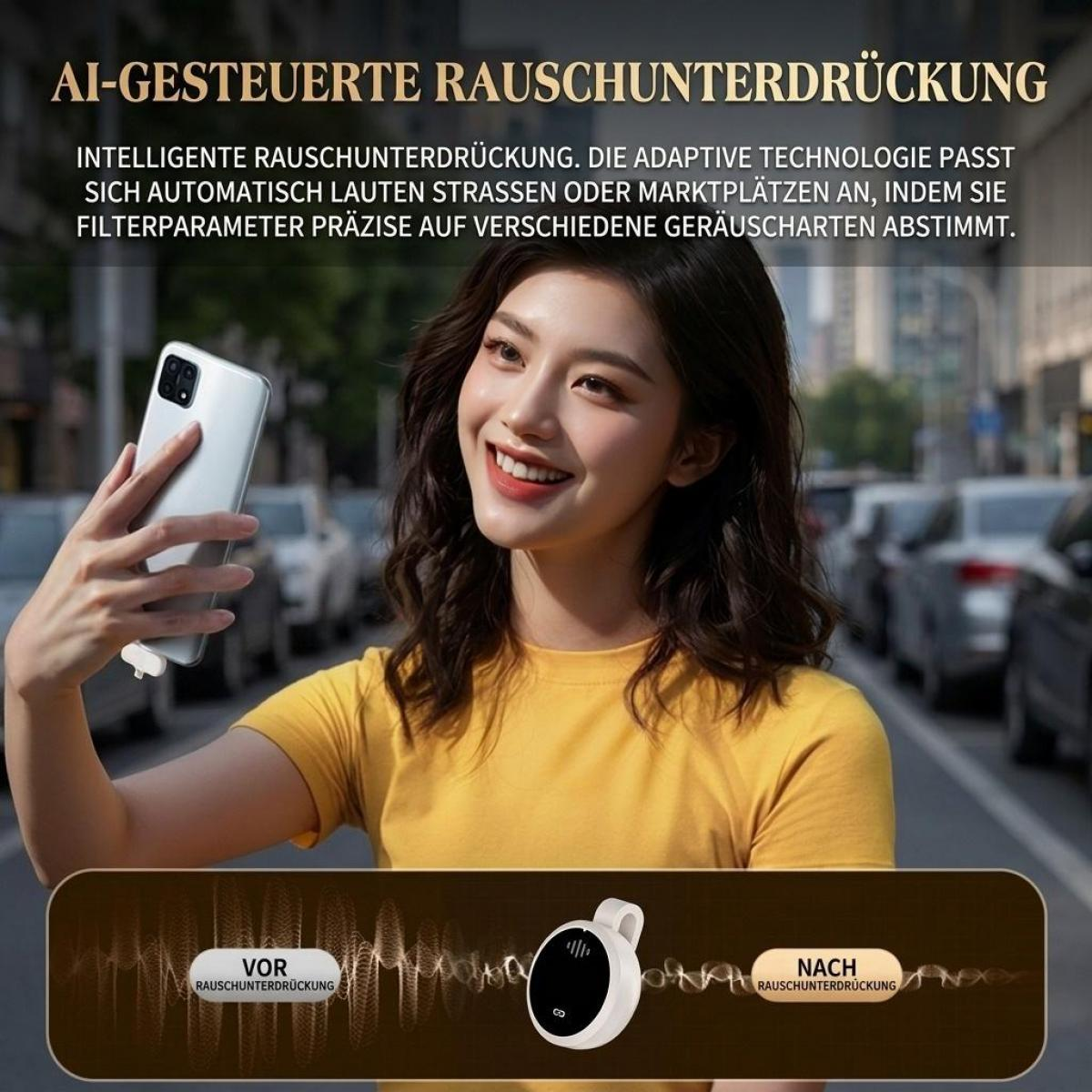 Eine Frau in gelbem Shirt hält im Freien ein Smartphone, im Hintergrund eine belebte Straße.