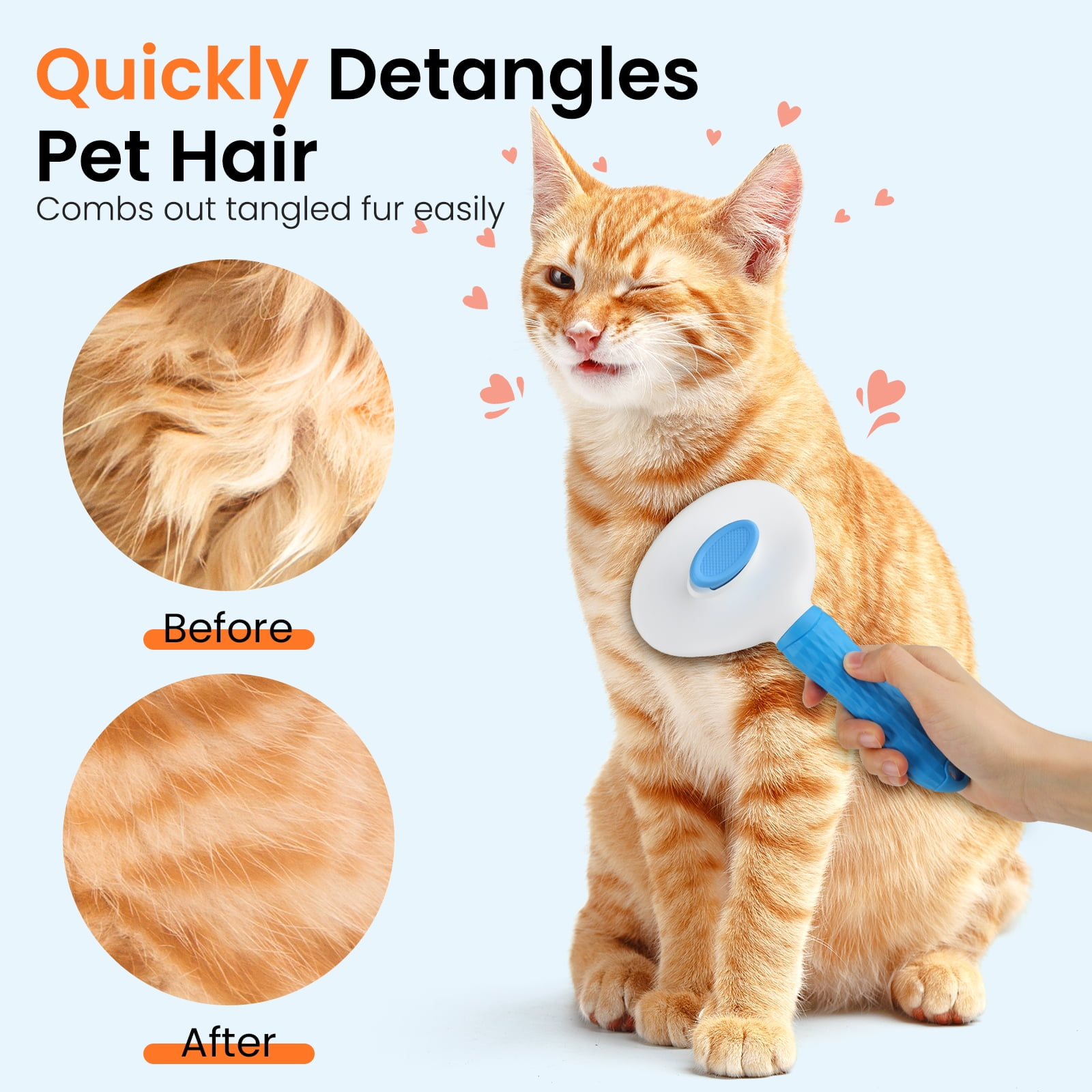 Eine Anzeige zeigt eine Hand, die eine glückliche orange Katze mit einer Bürste kämmt, mit Vorher-Nachher-Vergleich.