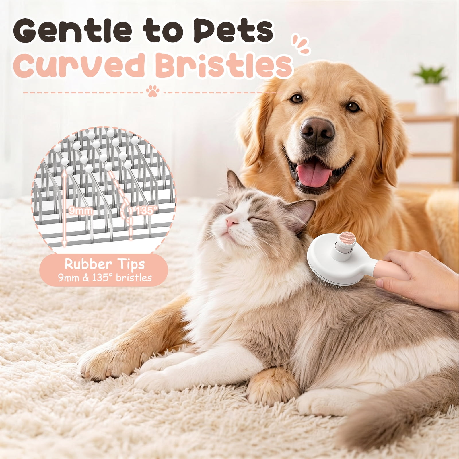 Eine Hand bürstet eine entspannte Katze, während ein Golden Retriever dahinter sitzt, mit Text über Gummiborsten.