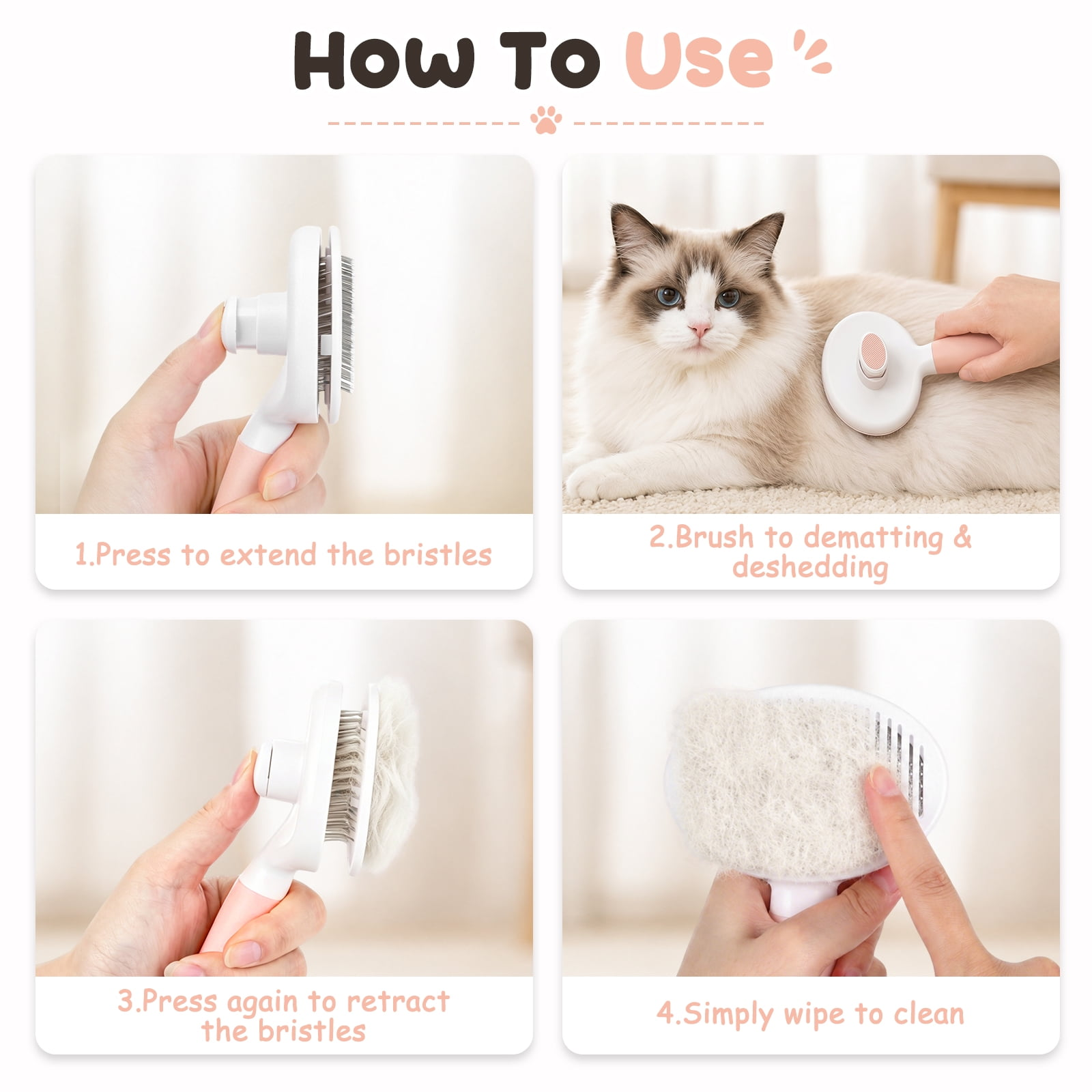 Vier Bilder zeigen die Anwendung einer Tierbürste: Borsten ausfahren, Katze bürsten, Borsten einziehen und Haare abwischen.