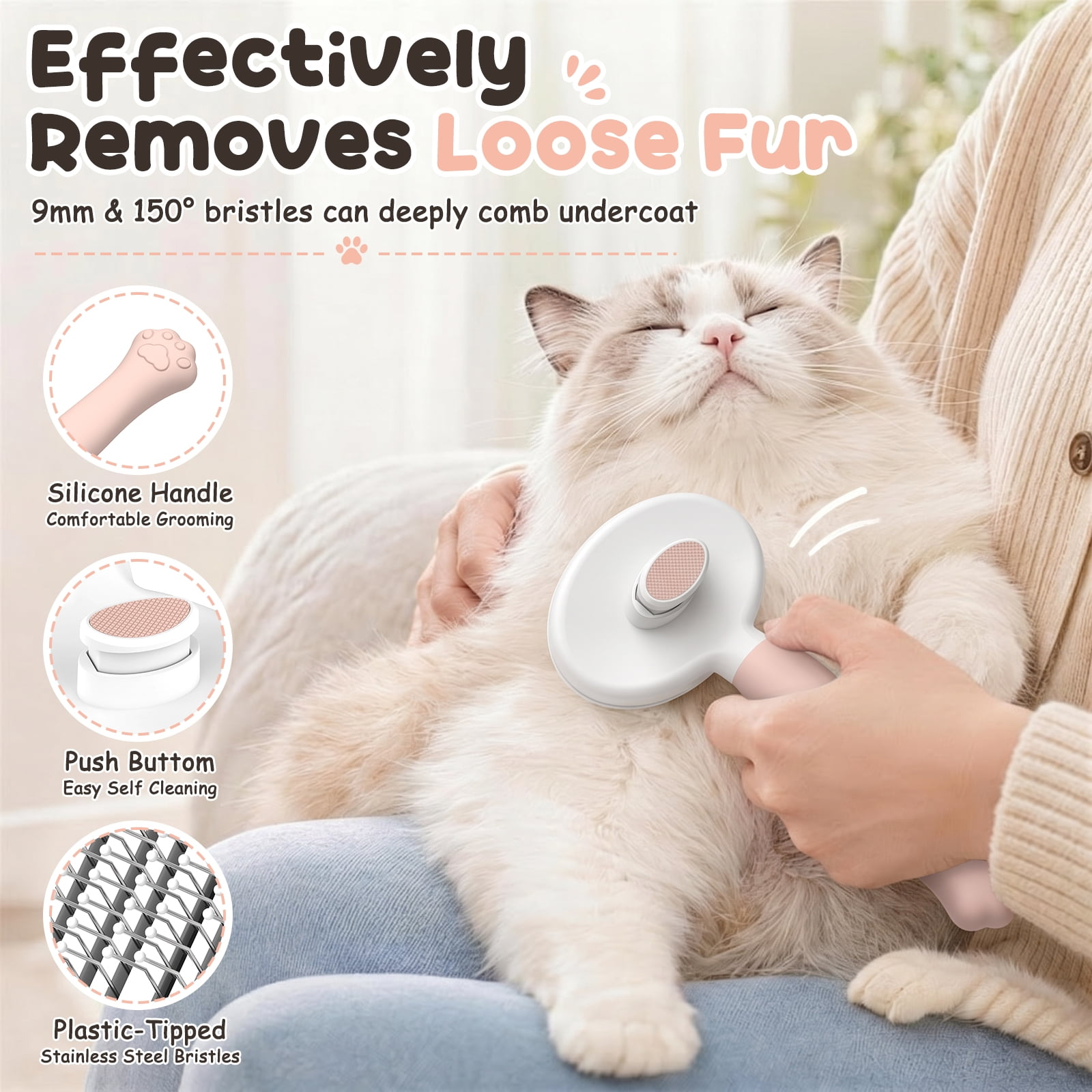 Eine Person kämmt eine entspannte weiße Katze mit einer speziellen Bürste auf ihrem Schoß.