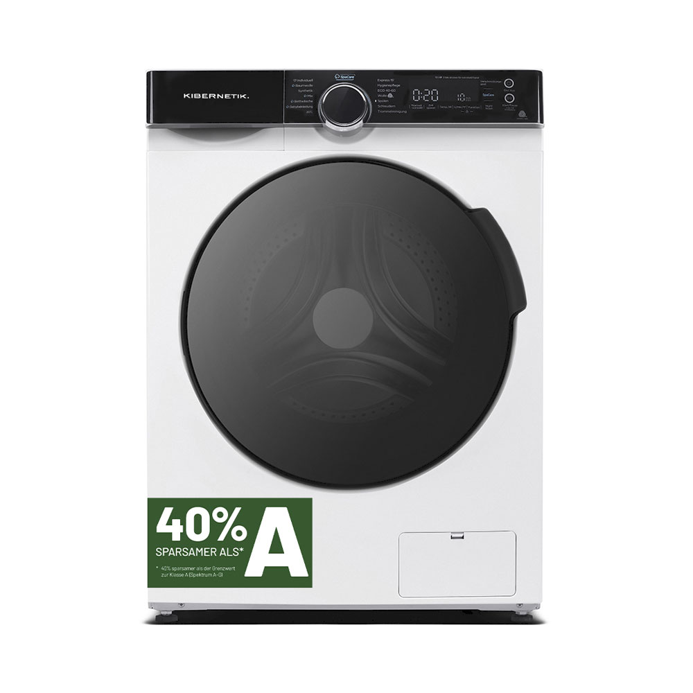 Eine weiße Kibernetik Waschmaschine mit schwarzem Bullauge, digitalem Display und Energieeffizienz-A-Label.