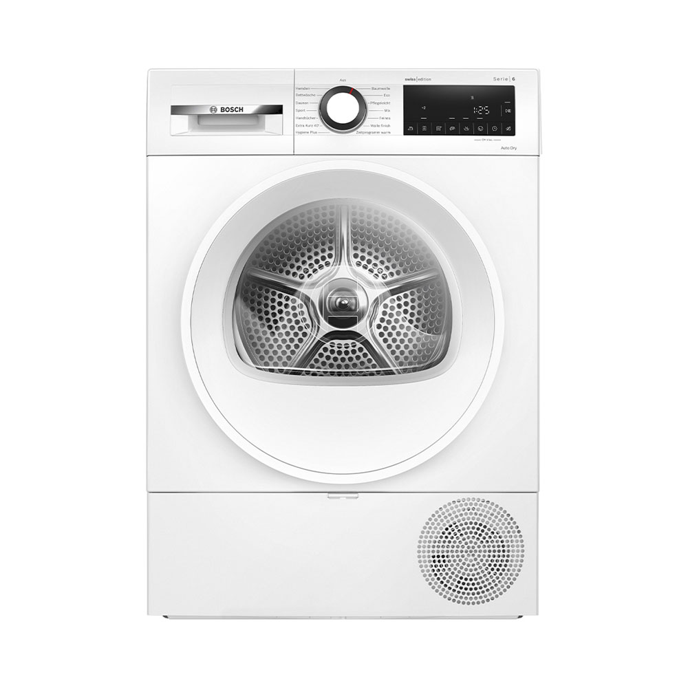 Ein weißer Bosch Serie 6 Trockner mit Frontlader und digitalem Display auf weißem Hintergrund.