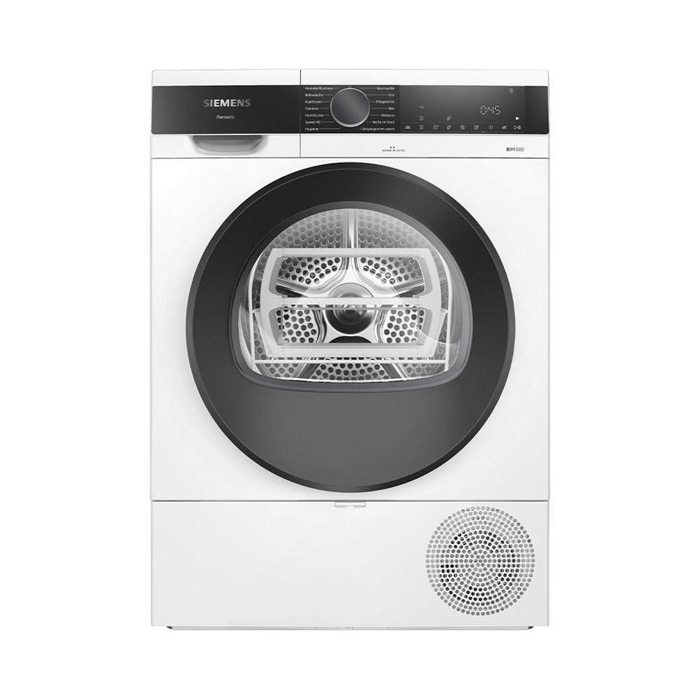 Vorderansicht eines weißen Siemens Trockners mit dunklem Bedienfeld und runder Glastür mit integriertem Trockengestell.