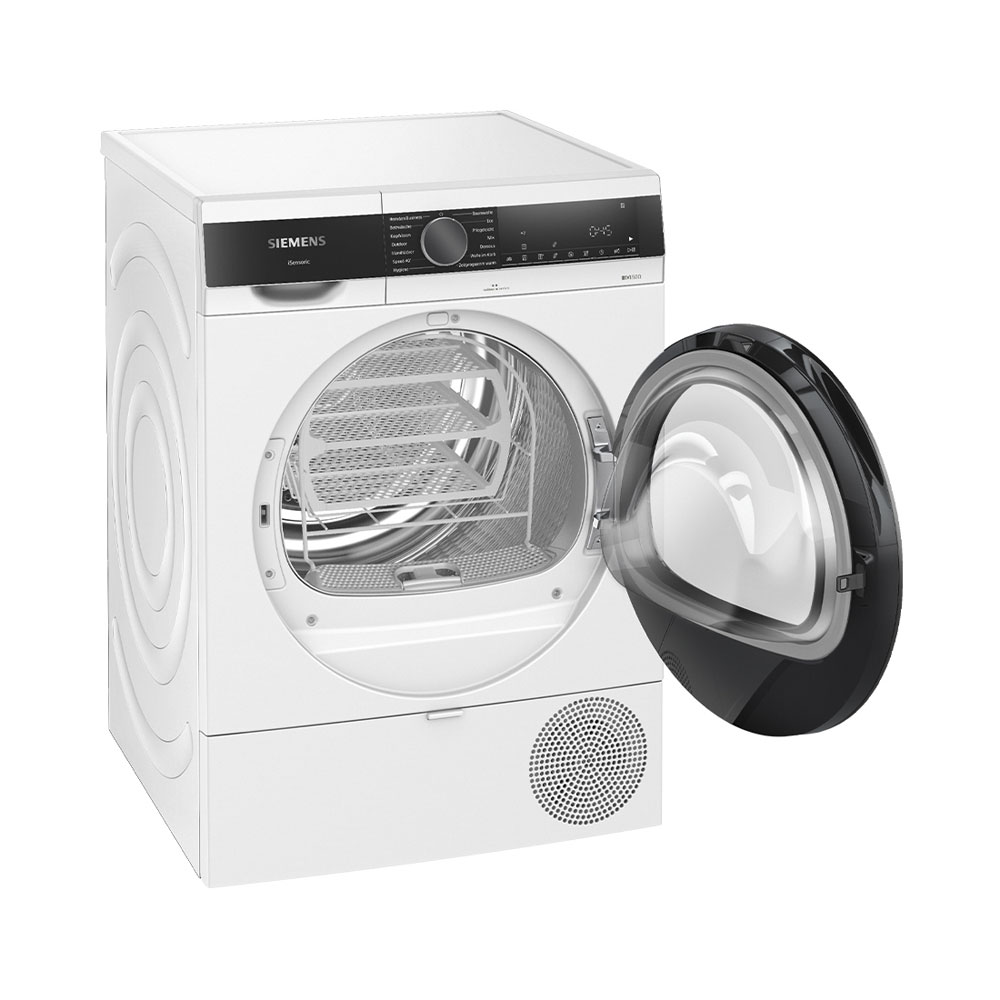Weißer Siemens-Trockner mit schwarzem Bedienfeld und offener Trommeltür mit integriertem Korb.