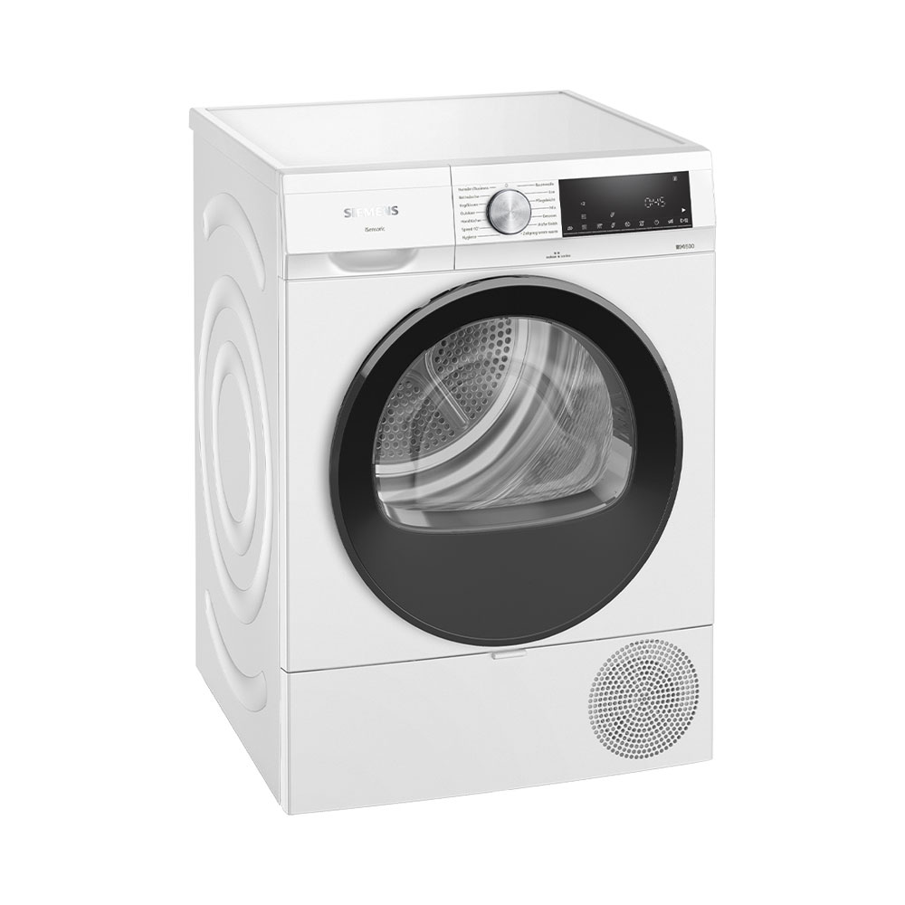 Ein weißer Siemens-Trockner mit schwarzem Türrahmen, Drehregler und digitalem Display vor weißem Hintergrund.