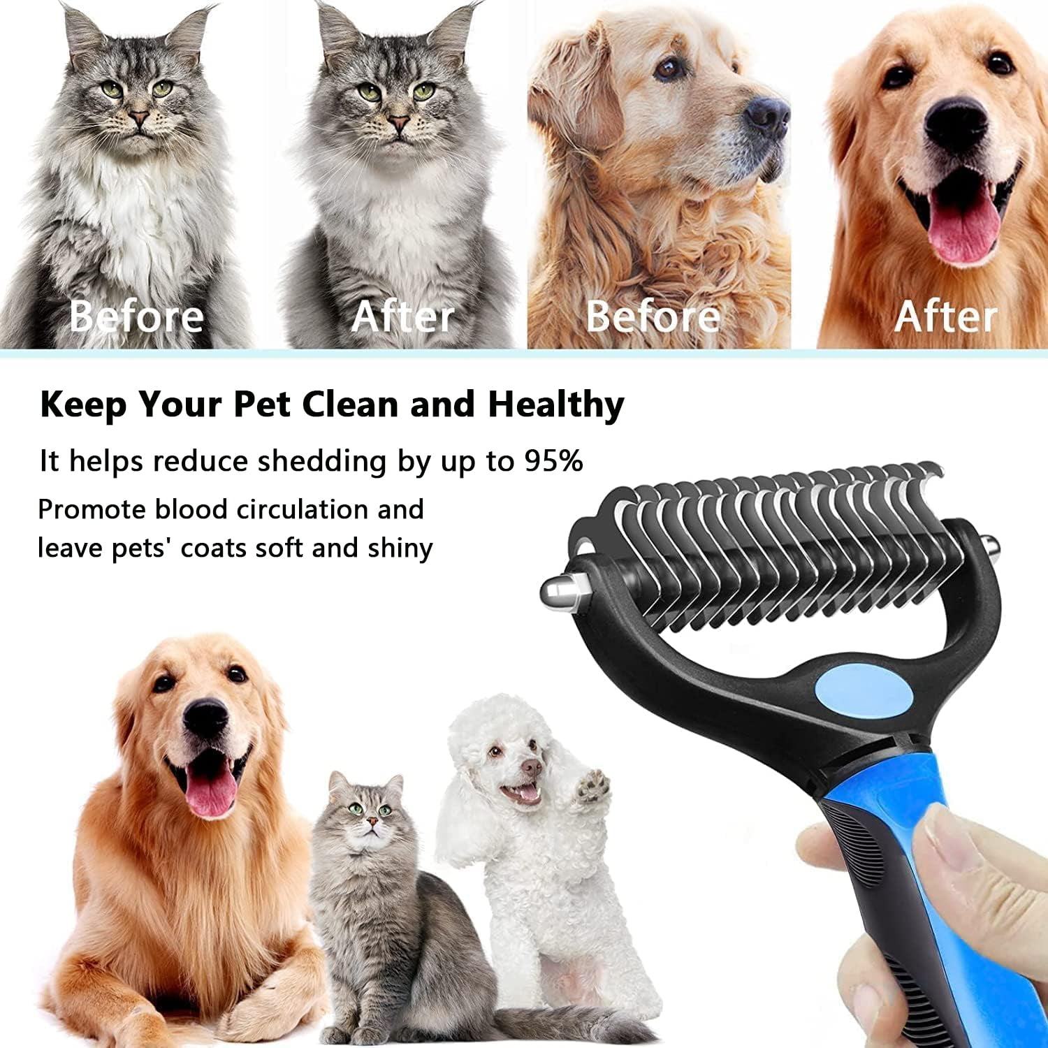 Haustier-Pflegewerkzeug und Vergleiche von Katzen und Hunden vor und nach der Pflege.