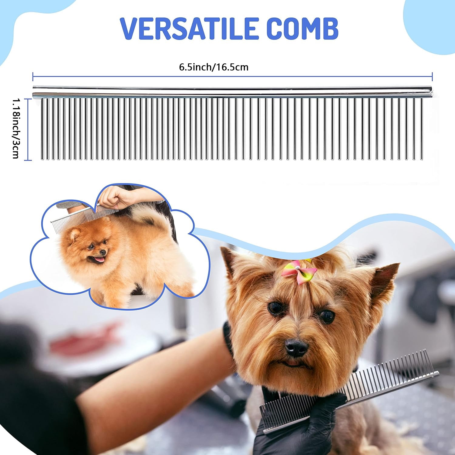 Ein Haustierkamm aus Metall mit Maßen, der einen Pomeranian und einen Yorkshire Terrier beim Grooming zeigt.