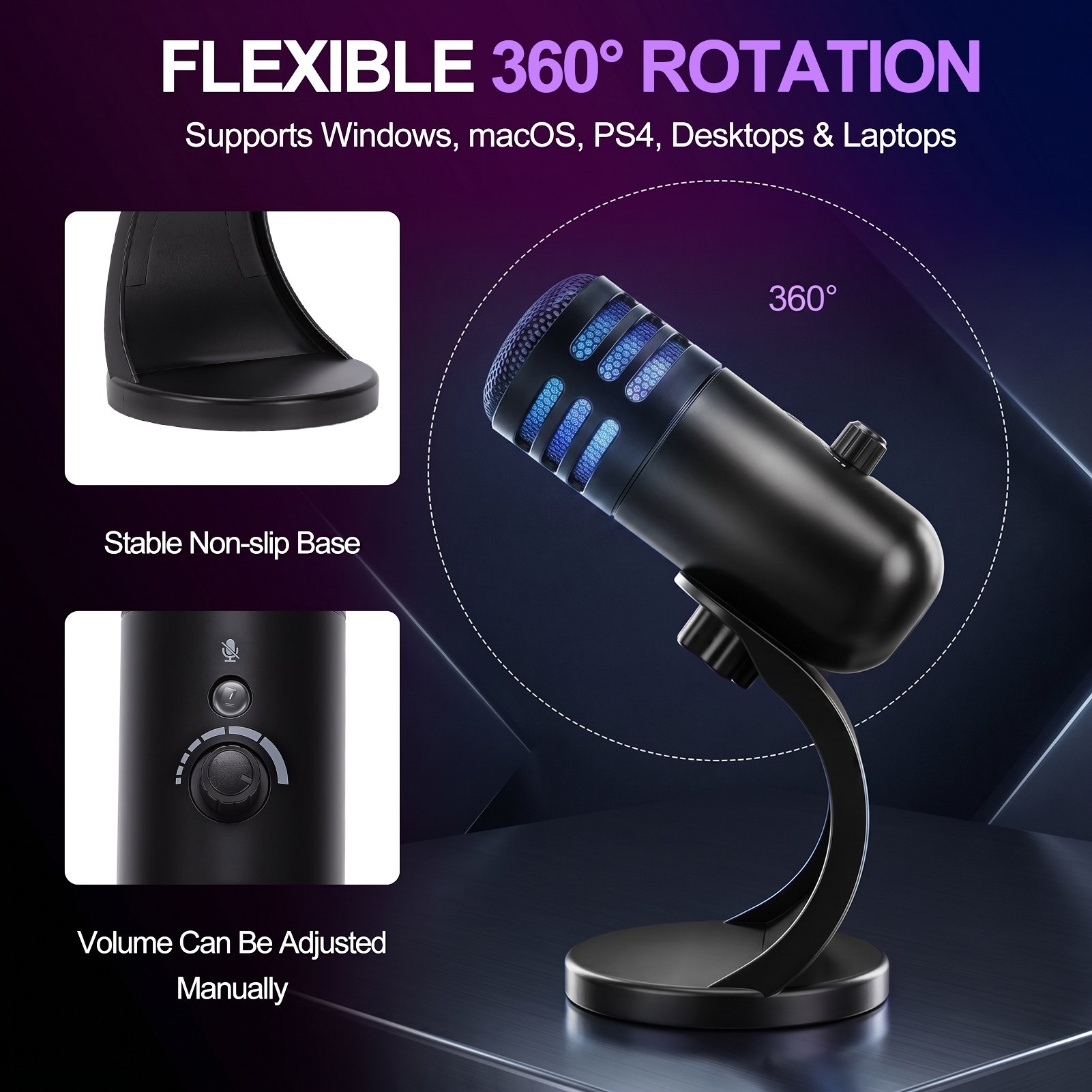 Ein schwarzes USB-Mikrofon mit blauen LED-Ländern, rutschfester Basis, 360-Grad-Drehung und manueller Lautstärkeregelung.