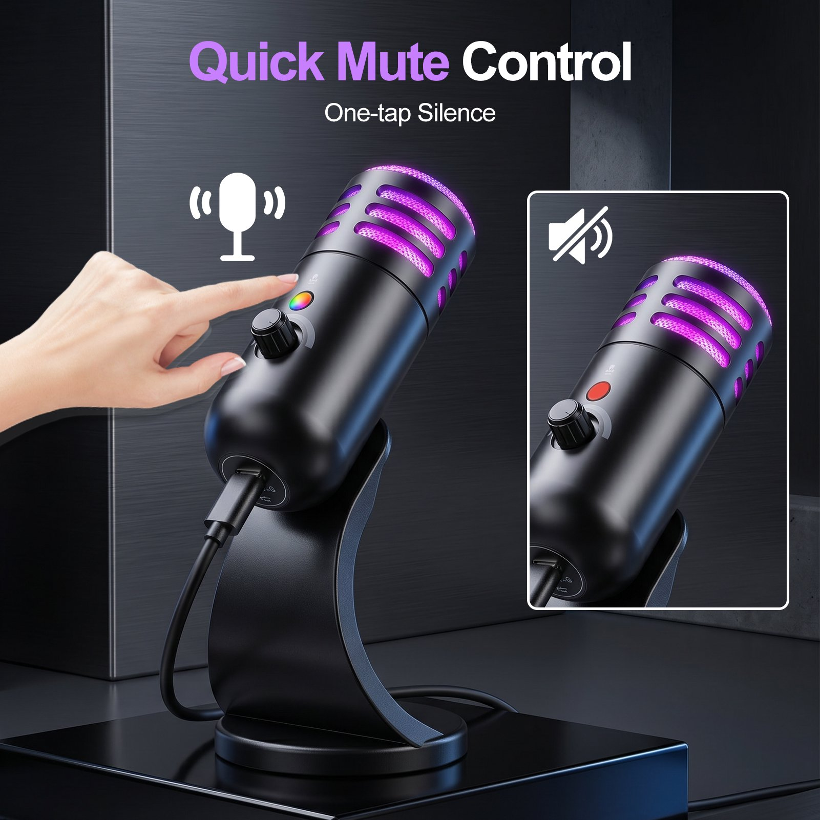 Ein Finger drückt die Stummtaste eines schwarzen Mikrofons mit violetter Beleuchtung und Standfuß.