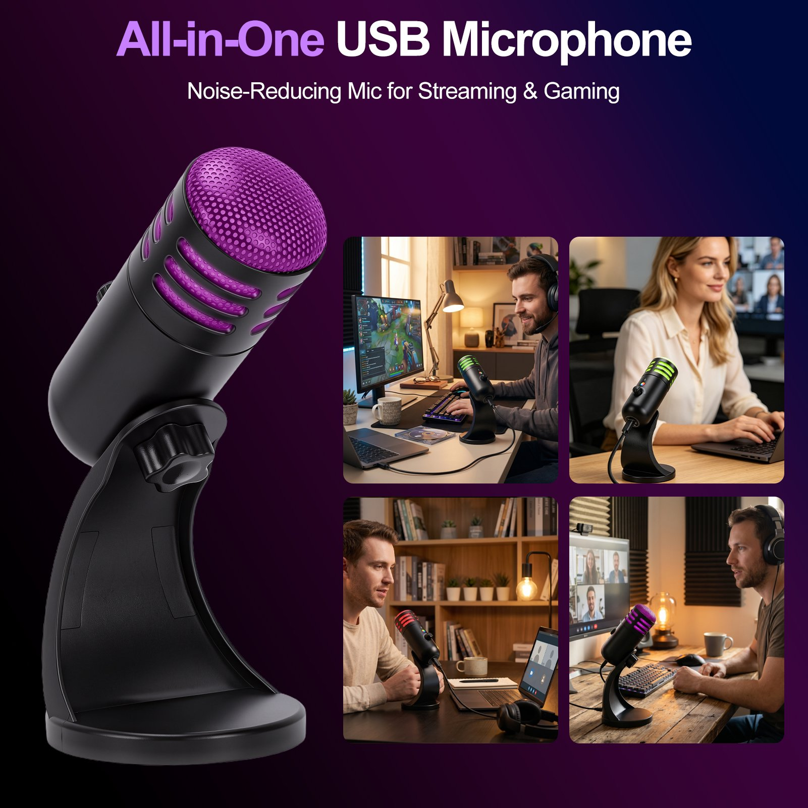 Ein violettes und schwarzes USB-Mikrofon auf einem Ständer mit vier Szenenbildern, die Streaming und Arbeit zeigen.