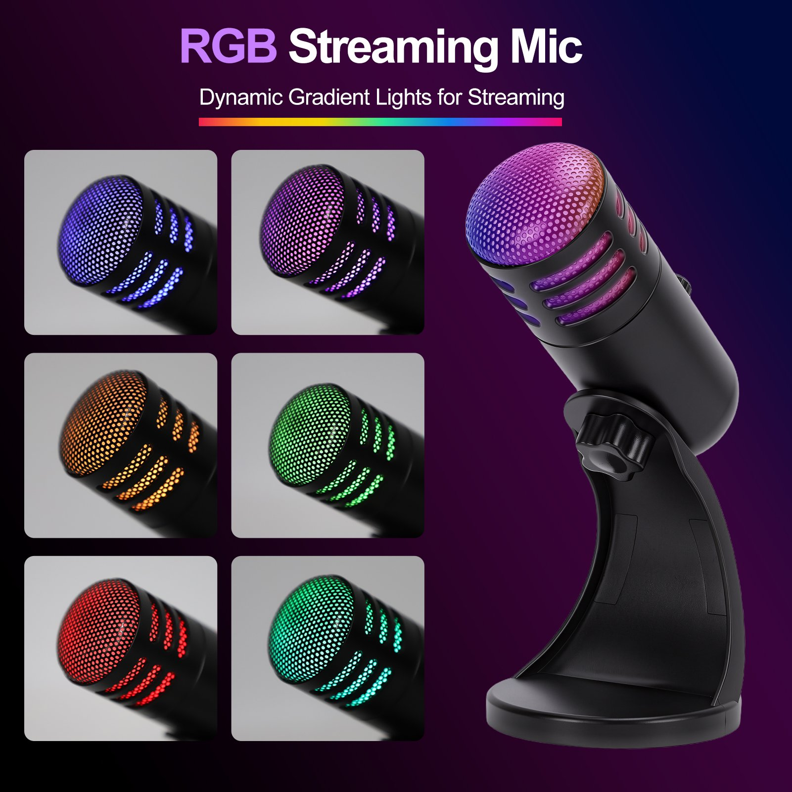 Ein schwarzes RGB-Streaming-Mikrofon mit farbwechselnden Lichtern und Ständer auf dunklem Hintergrund.