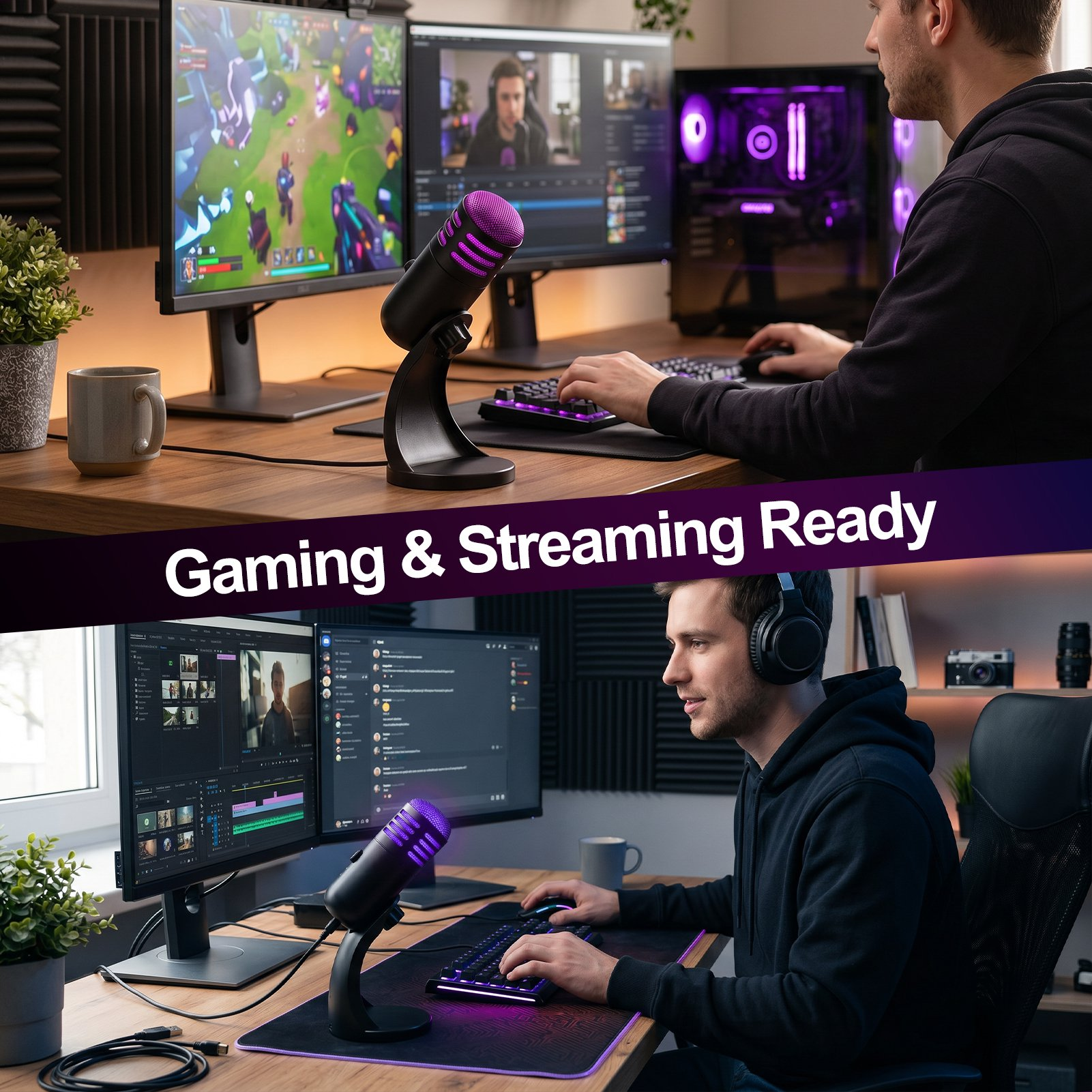 Ein Streamer sitzt an einem Gaming-PC mit zwei Monitoren, einer violett leuchtenden Tastatur und einem Mikrofon.