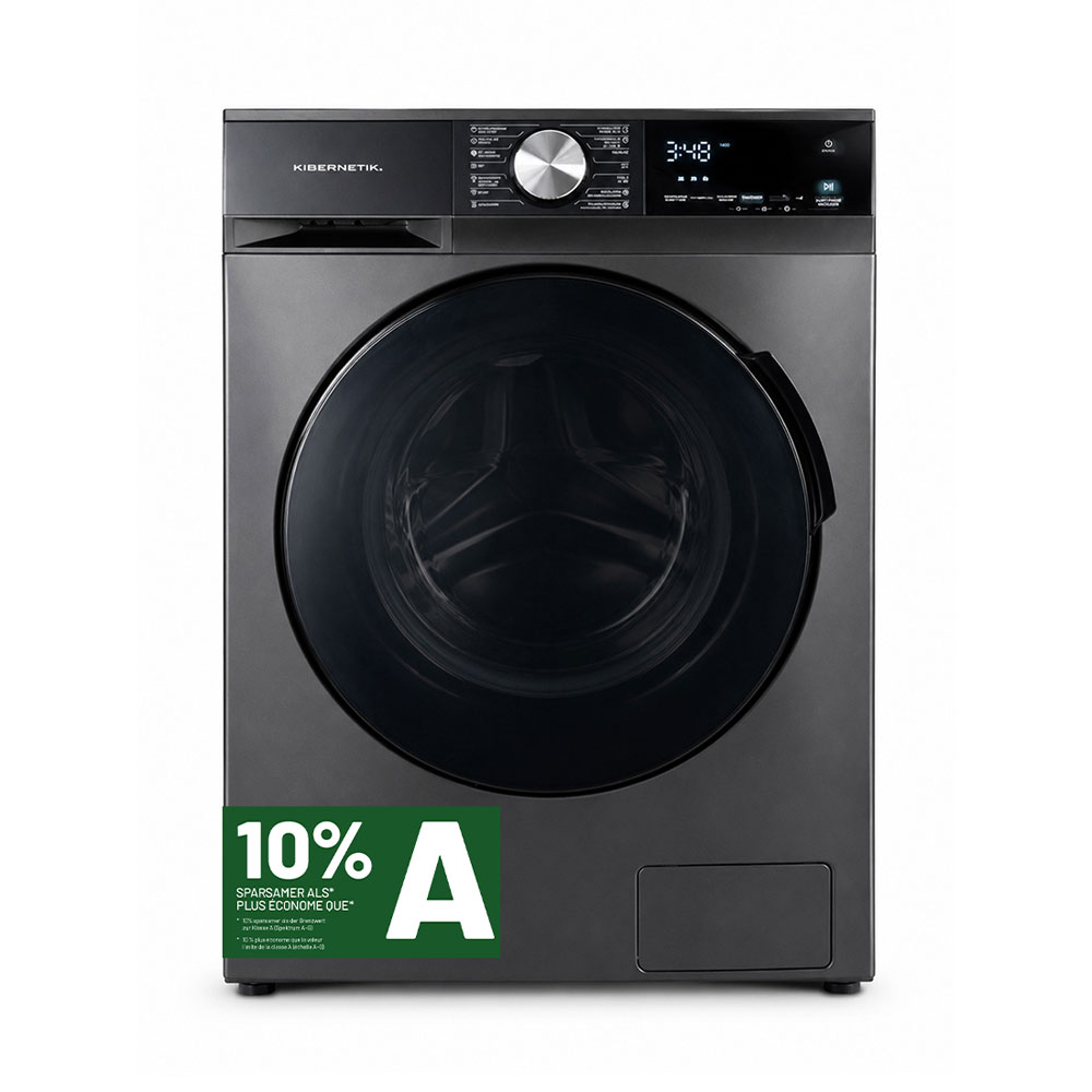 Moderne schwarze Frontlader-Waschmaschine mit digitalem Display und Energieeffizienz-Label A.