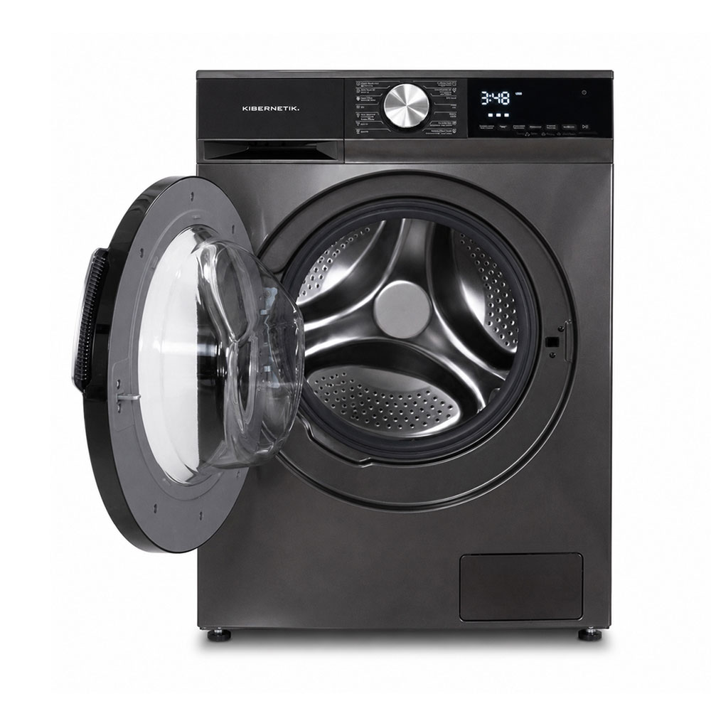Moderne schwarze Frontlader-Waschmaschine mit offener Glastür und digitalem Display vor weißem Hintergrund.