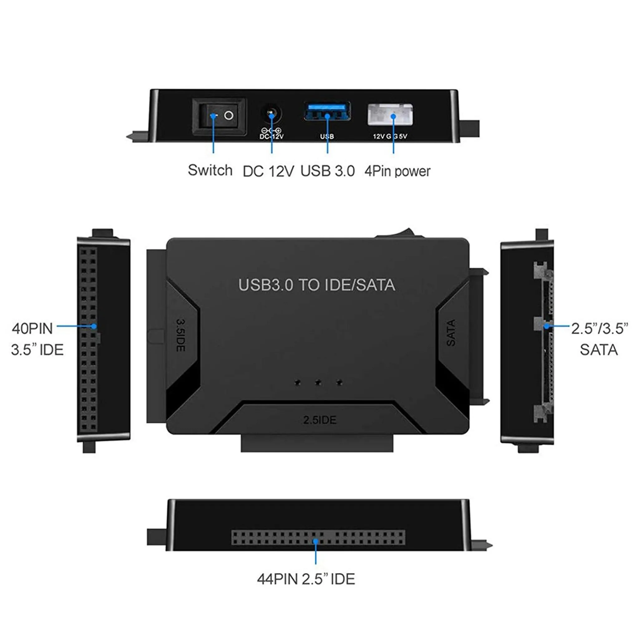 Schwarzer USB 3.0 zu IDE/SATA Adapter mit verschiedenen Anschlüssen und Beschriftungen.