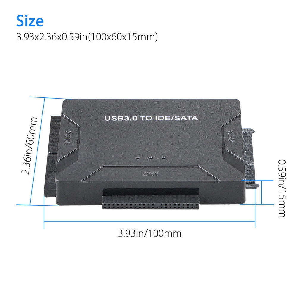 Ein schwarzer USB 3.0 zu IDE/SATA-Adapter mit Maßangaben von 3,93x2,36x0,59 Zoll.