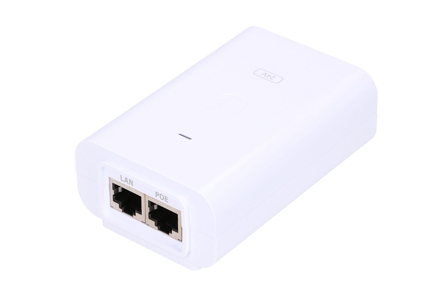 Un inyector PoE Ubiquiti blanco con puertos LAN y POE sobre un fondo blanco.