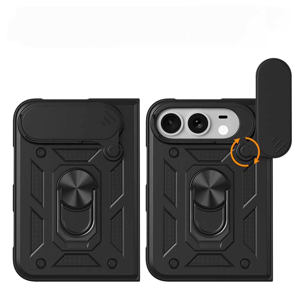 Coque de protection noire avec anneau support et cache-caméra rotatif sur fond blanc.