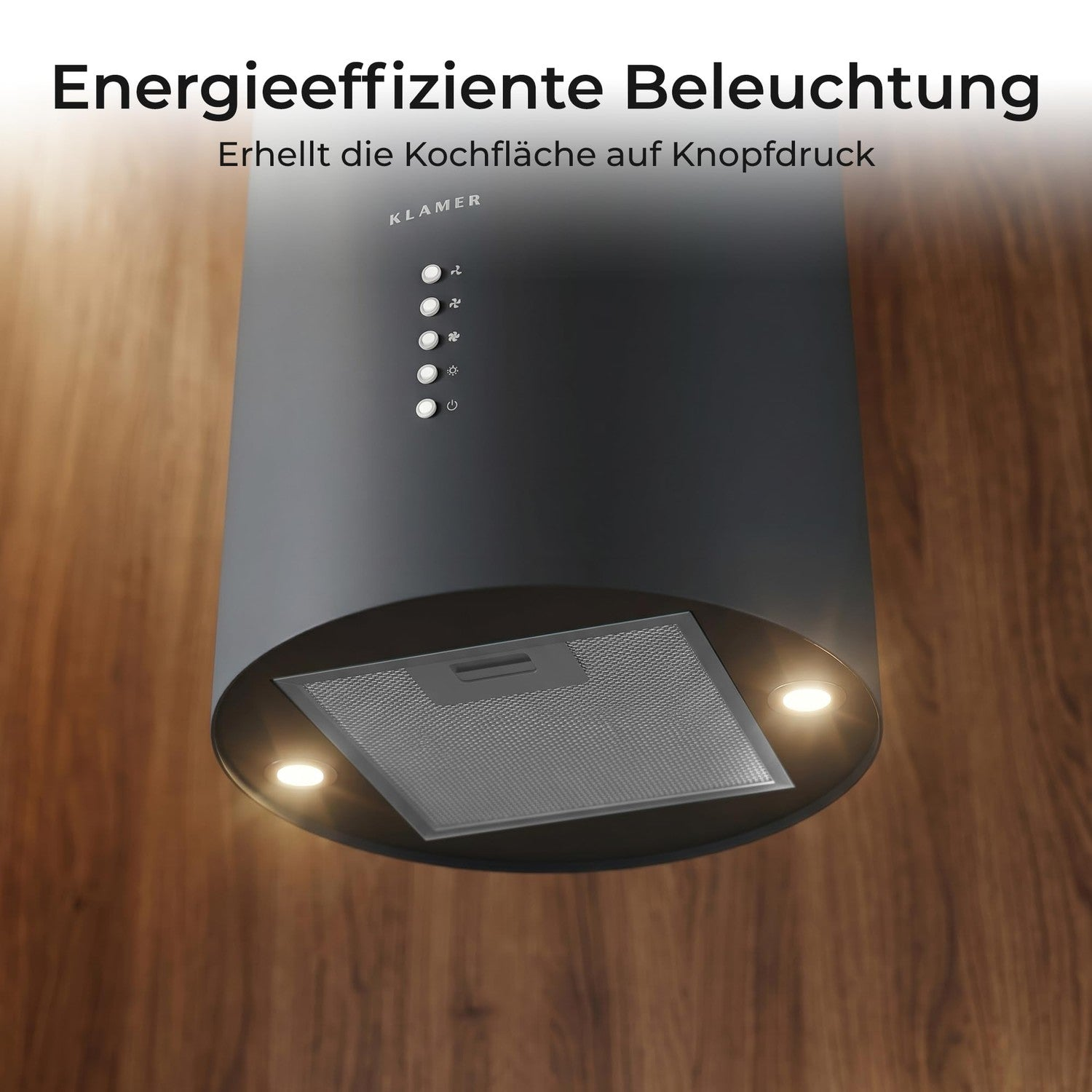 Schwarze zylindrische Dunstabzugshaube mit beleuchteten LED-Leuchten und Bedienknöpfen vor Holzwand.