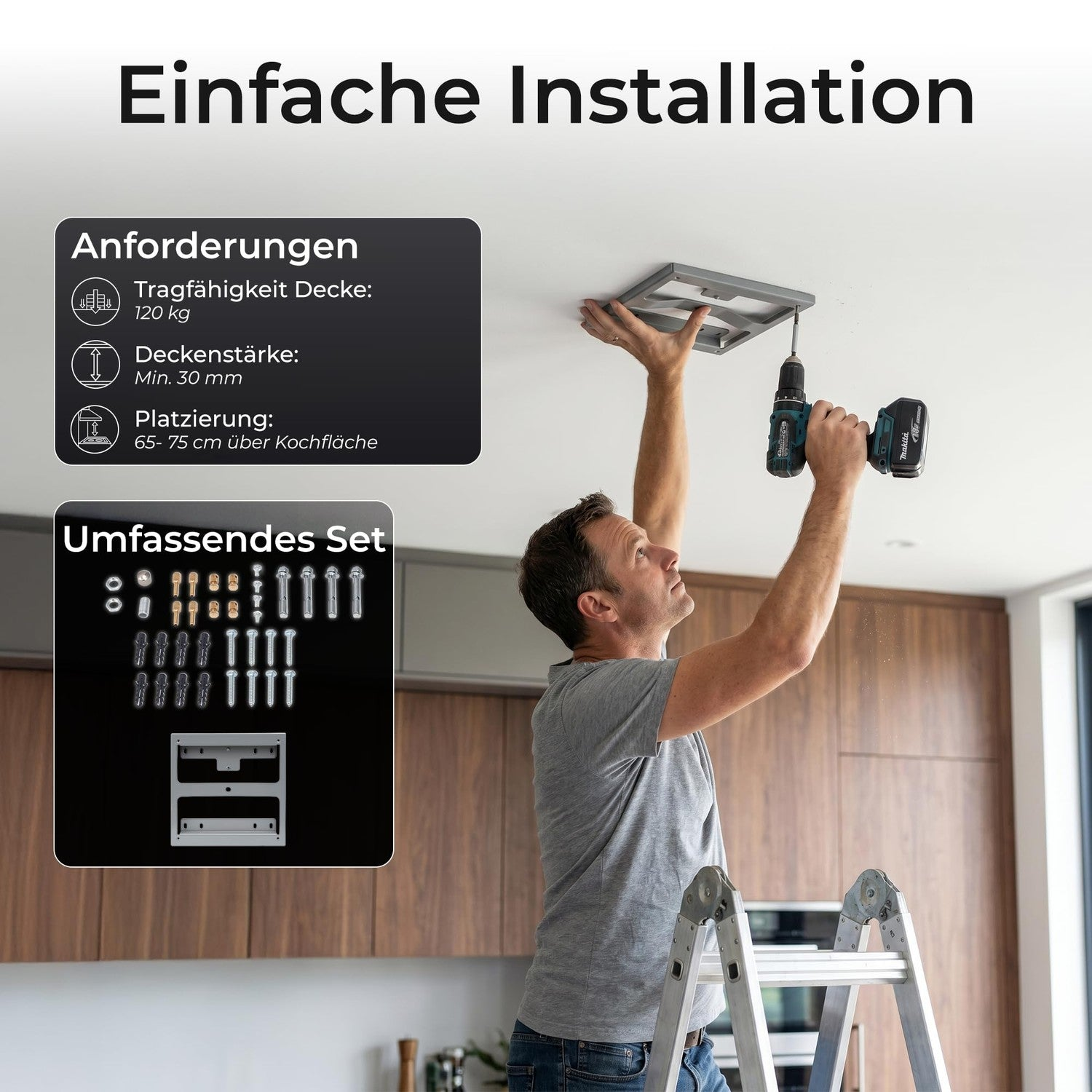 Ein Mann steht auf einer Leiter und bohrt eine Halterung an die Decke. Textgrafiken zeigen Anforderungen und Zubehör.