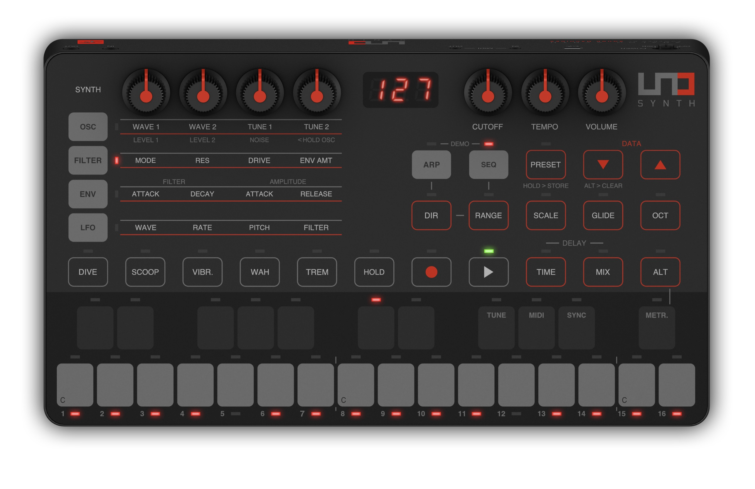 Ein schwarzes Uno Synth Musik-Keyboard mit roten Reglern, Knöpfen und leuchtenden LEDs.