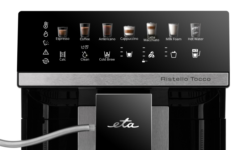 Bedienfeld einer eta Ristello Tocco Kaffeemaschine mit Touch-Icons für verschiedene Kaffeegetränke.