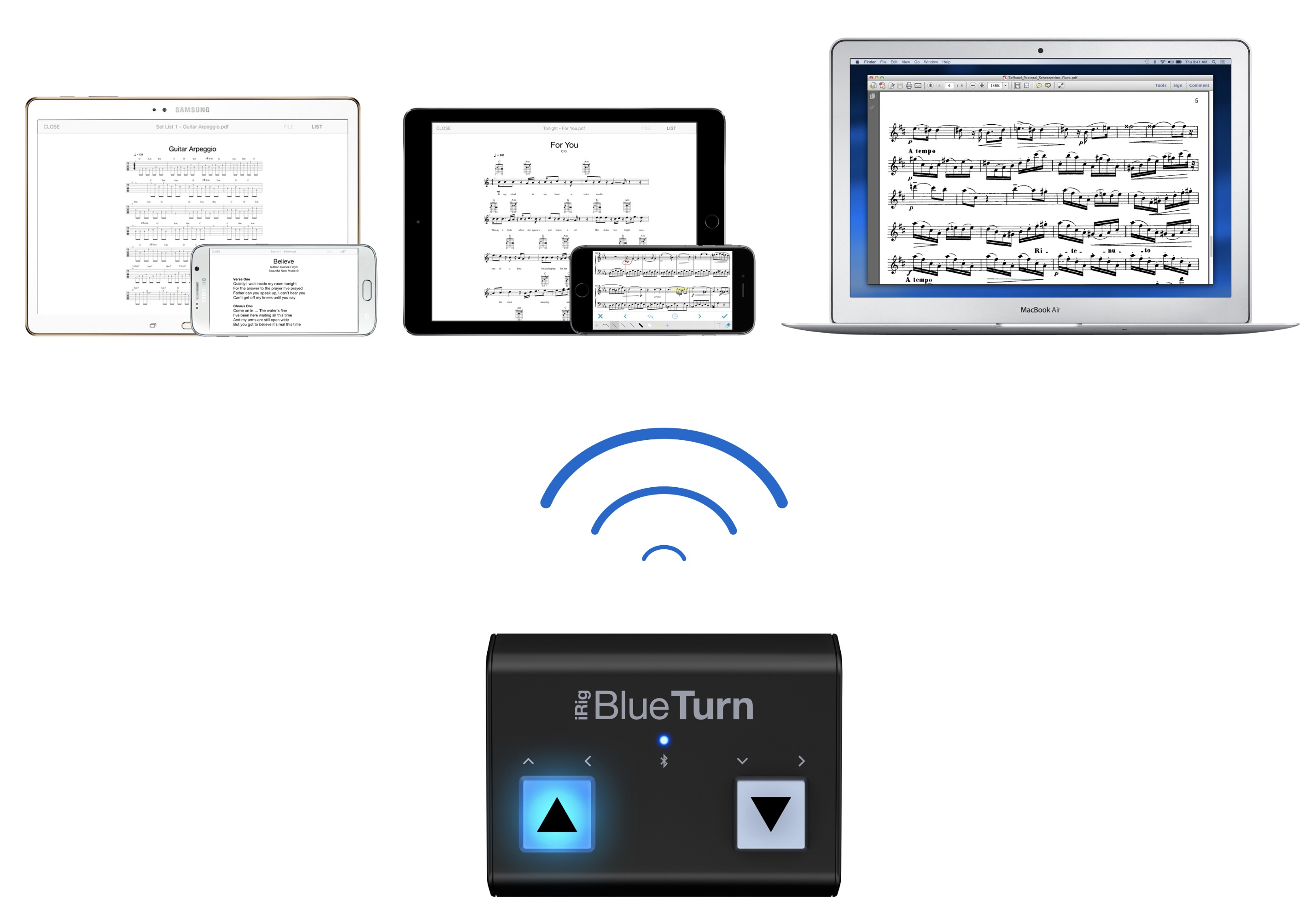 Verschiedene elektronische Geräte wie Tablets, Smartphones und ein Laptop zeigen Noten über Bluetooth-Verbindung.