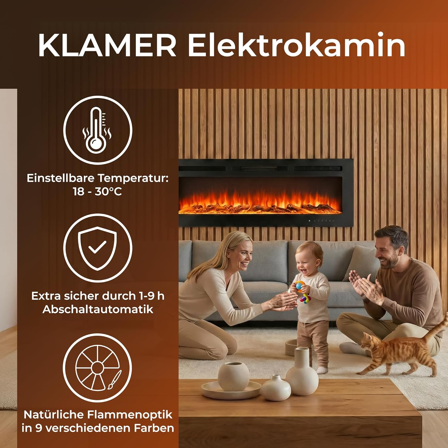Familie mit Kind und Katze vor einem modernen Elektrokamin mit Holzwand.
