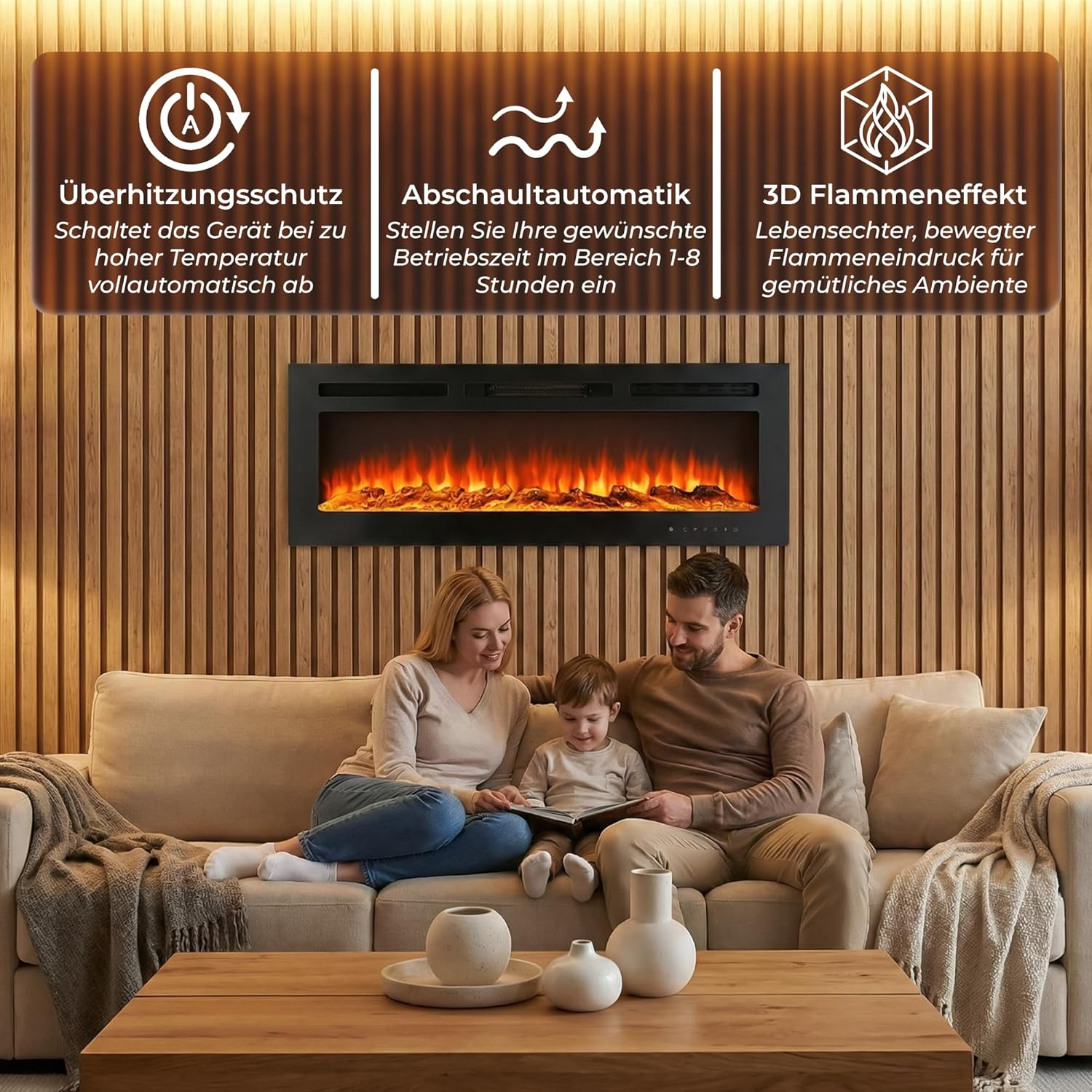 Eine Familie liest auf einem Sofa unter einem Kamin und Icons für Überhitzungsschutz, Timer und 3D-Flammen.