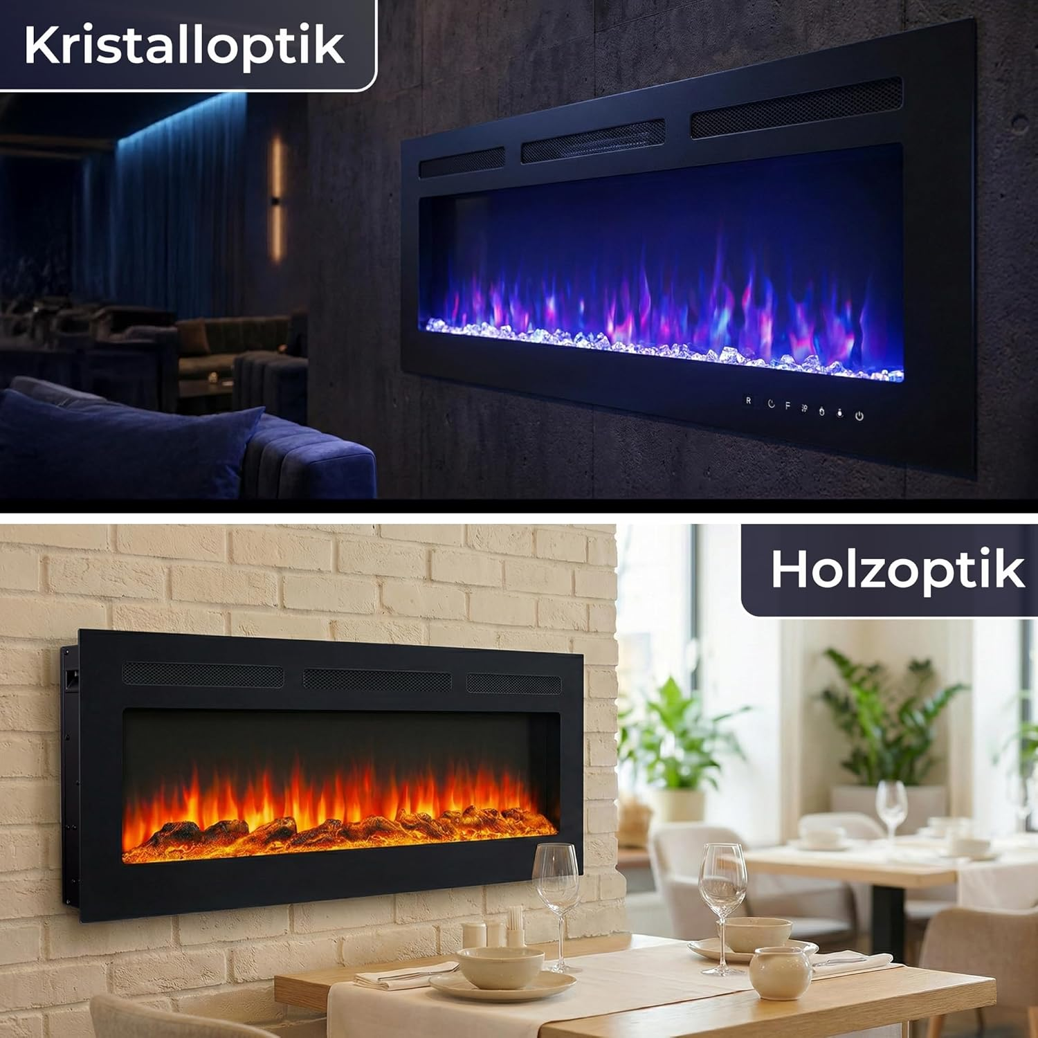Vergleich von zwei elektrischen Kaminen: oben mit Kristalloptik und blauen Flammen, unten mit Holzoptik und orangefarbenen Flammen.