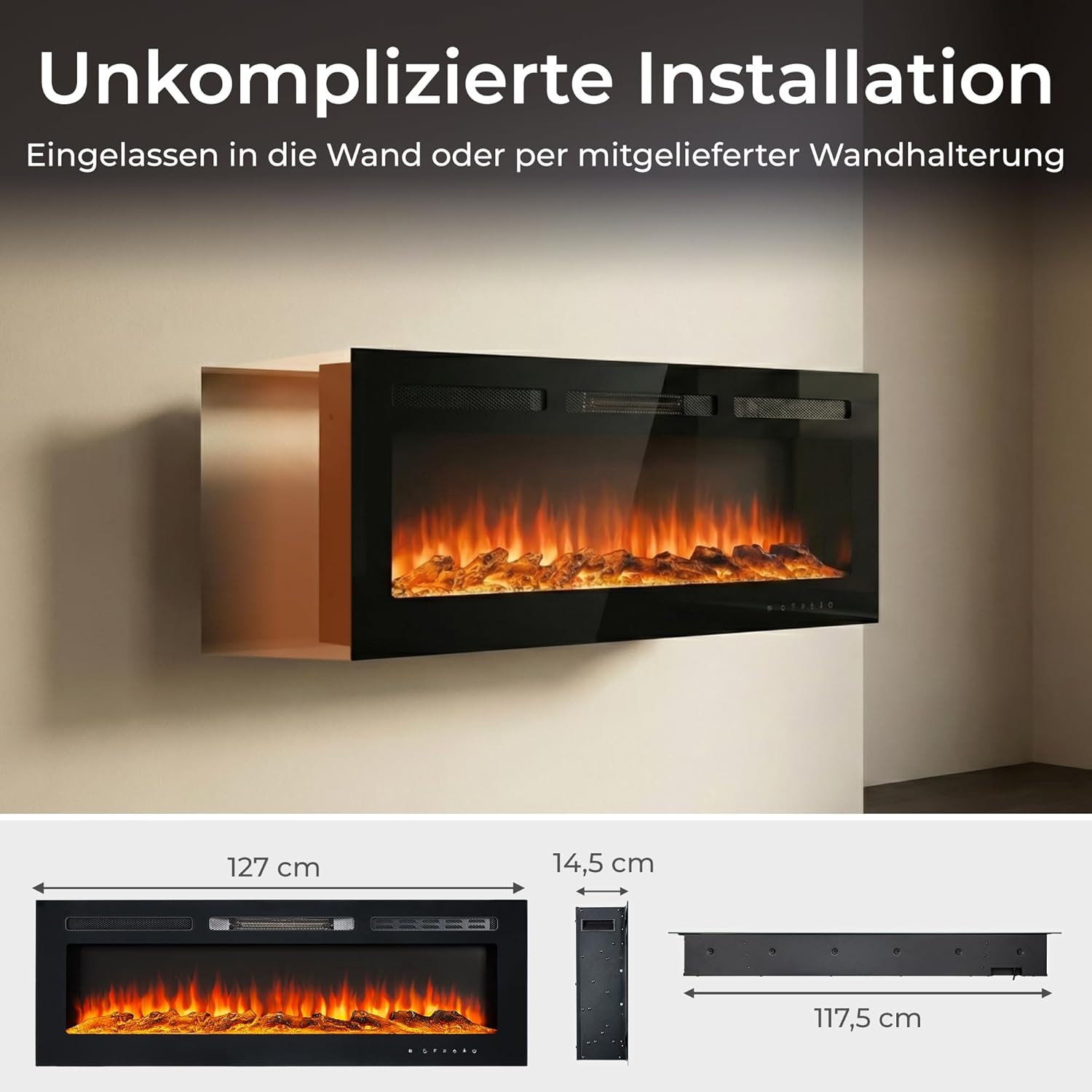 Wandkamin mit künstlichem Feuer und Abmessungen unten.