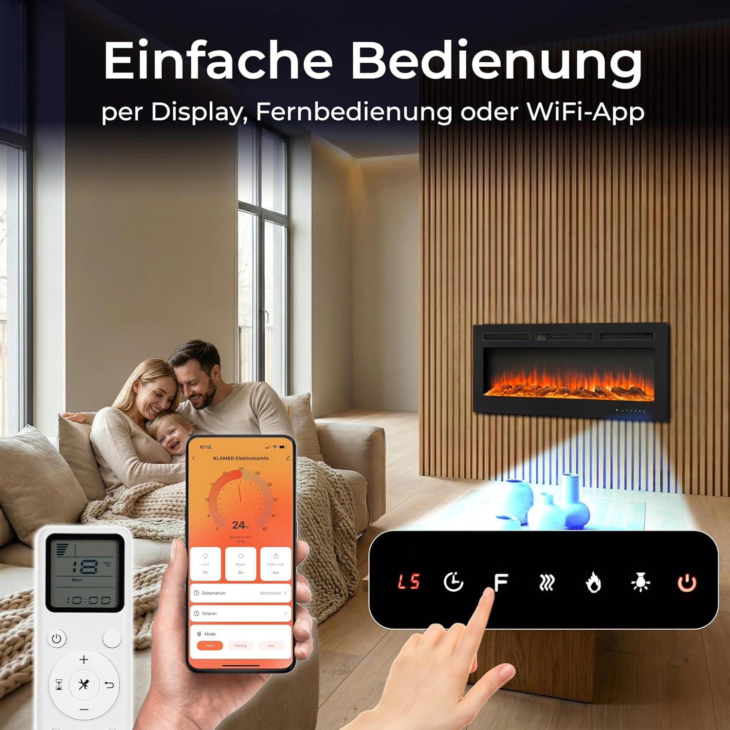 Wohnzimmer mit elektrischem Kamin, der über Fernbedienung, App oder Touchscreen bedienbar ist.
