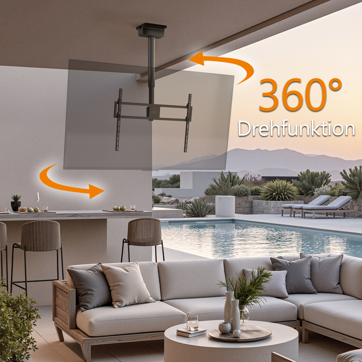 Deckenhalterung für Fernseher mit 360-Grad-Drehfunktion auf einer Luxusterrasse.