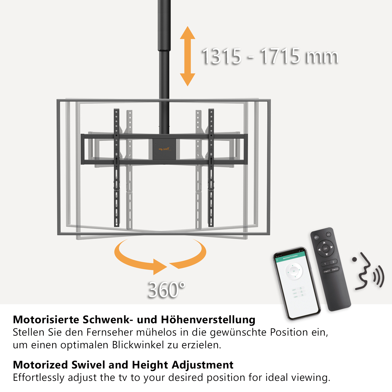 Motorisierte Deckenhalterung mit 360-Grad-Drehung, Höhenverstellung, Fernbedienung, App und Sprachsteuerung.