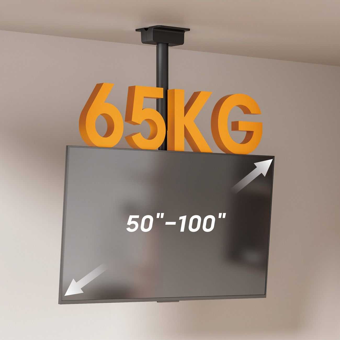 Deckenhalterung für Fernseher von 50 bis 100 Zoll mit bis zu 65 kg Tragkraft.