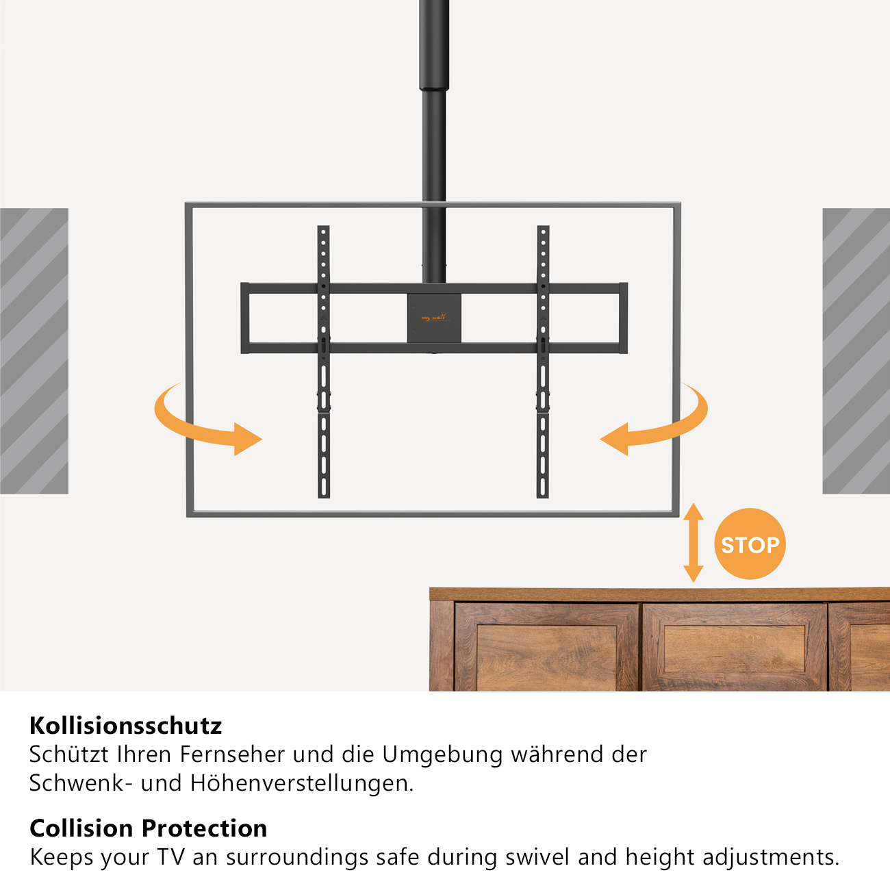 Diagramm einer Decken-TV-Halterung mit Schwenk- und Höhenverstellung über einem Schrank.