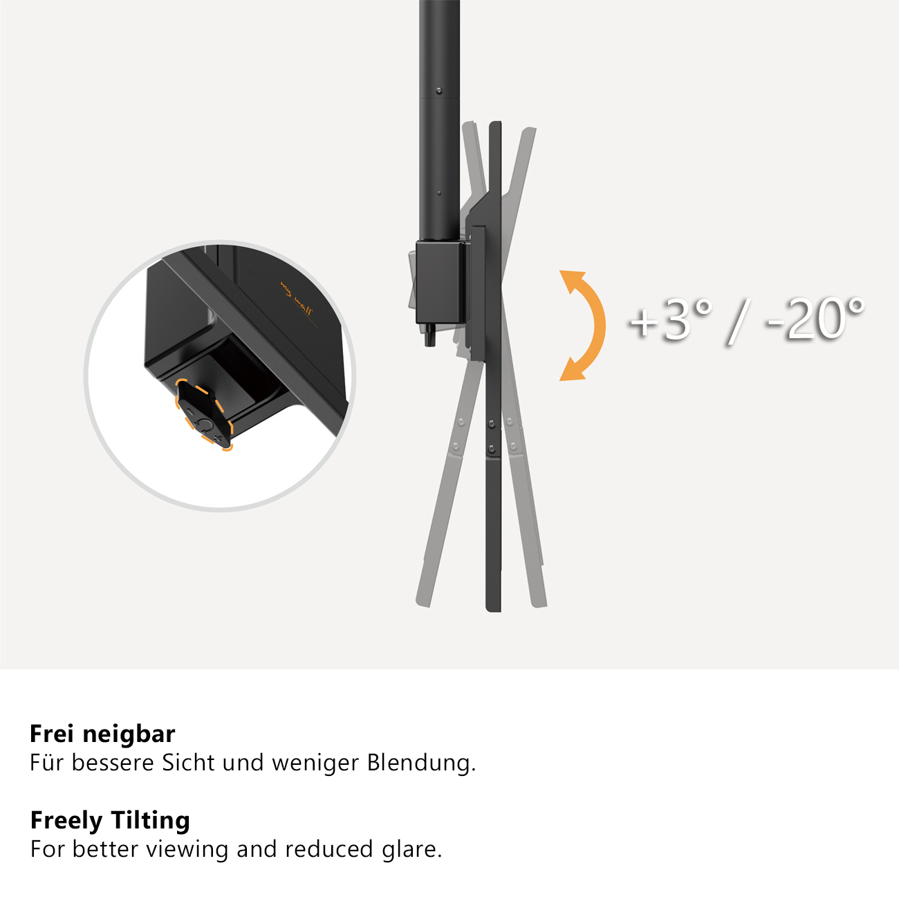 Diagramm zeigt einen frei neigbaren TV-Halter mit einem Neigungsbereich von plus 3 bis minus 20 Grad.
