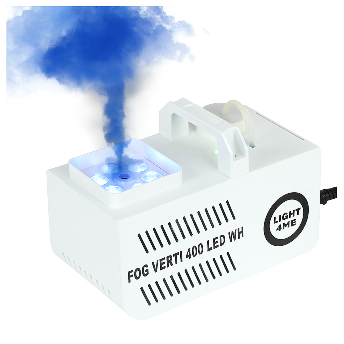 Eine weiße Nebelmaschine Light4Me Fog Verti 400 LED WH stößt blauen Rauch aus.