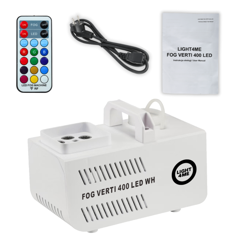 Eine weiße Light4Me Fog Verti 400 LED Nebelmaschine mit Fernbedienung, Netzkabel und Anleitung.