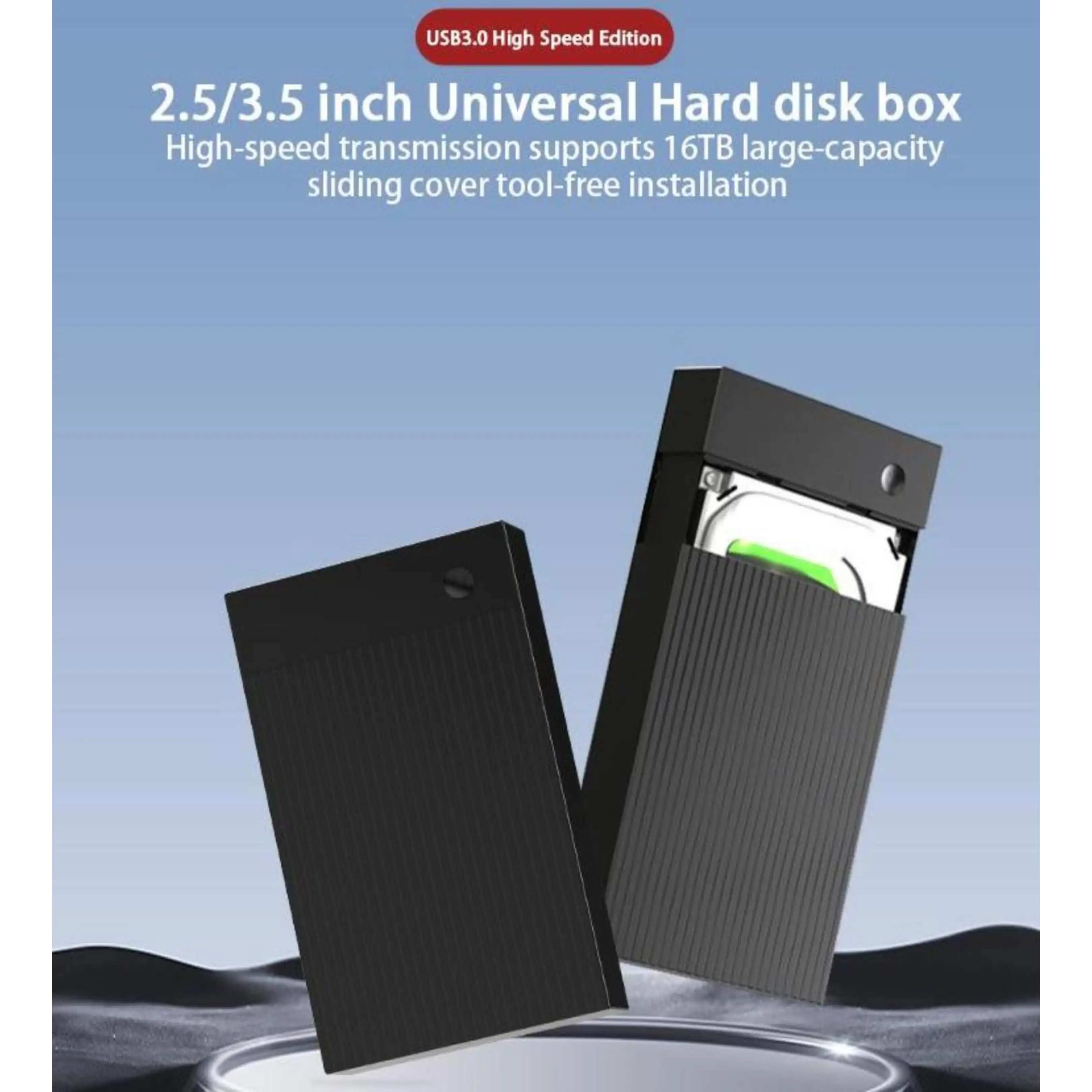 Universal-Festplattengehäuse für 2,5/3,5 Zoll mit USB 3.0 und werkzeugloser Installation.