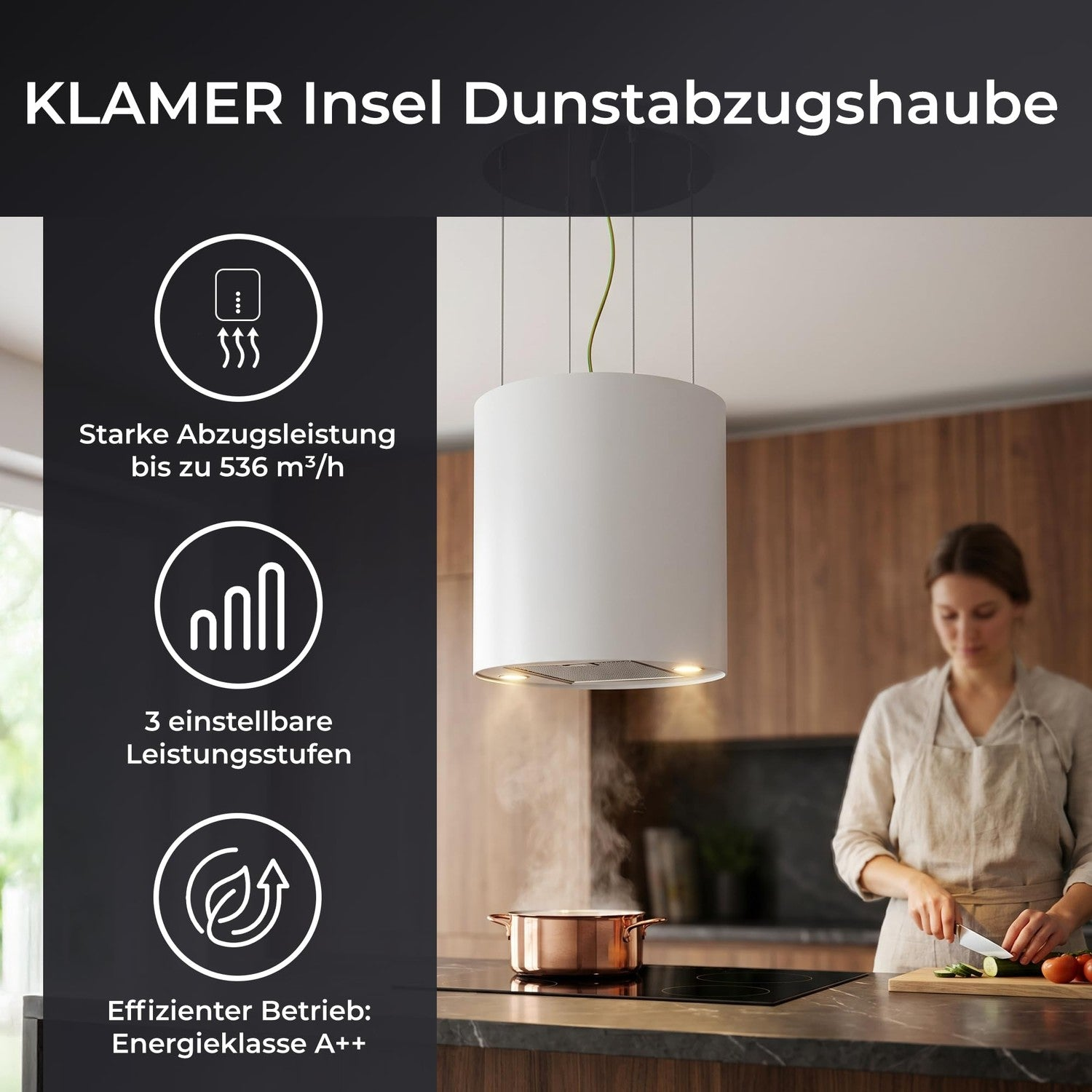 Weiße zylindrische Insel-Dunstabzugshaube in moderner Küche mit Kochen und Feature-Icons links.