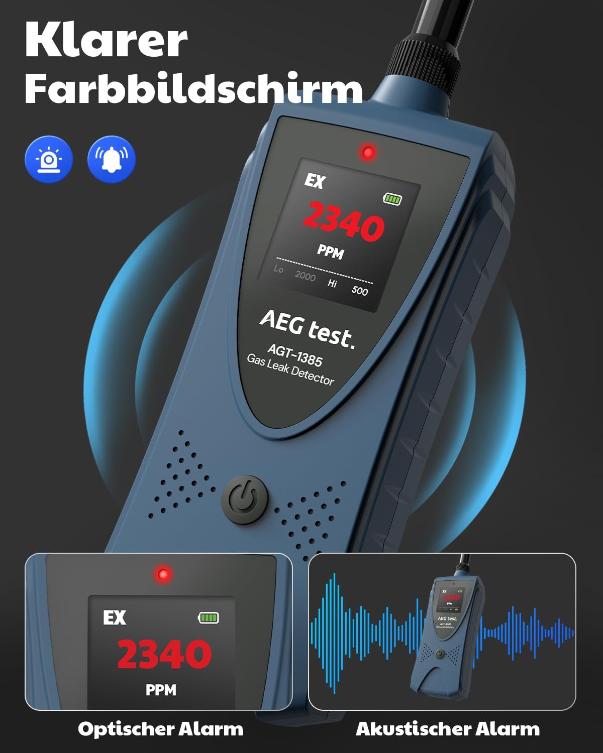Ein blauer AEG Gasleckdetektor mit Farbdisplay, optischem und akustischem Alarm auf dunklem Hintergrund.