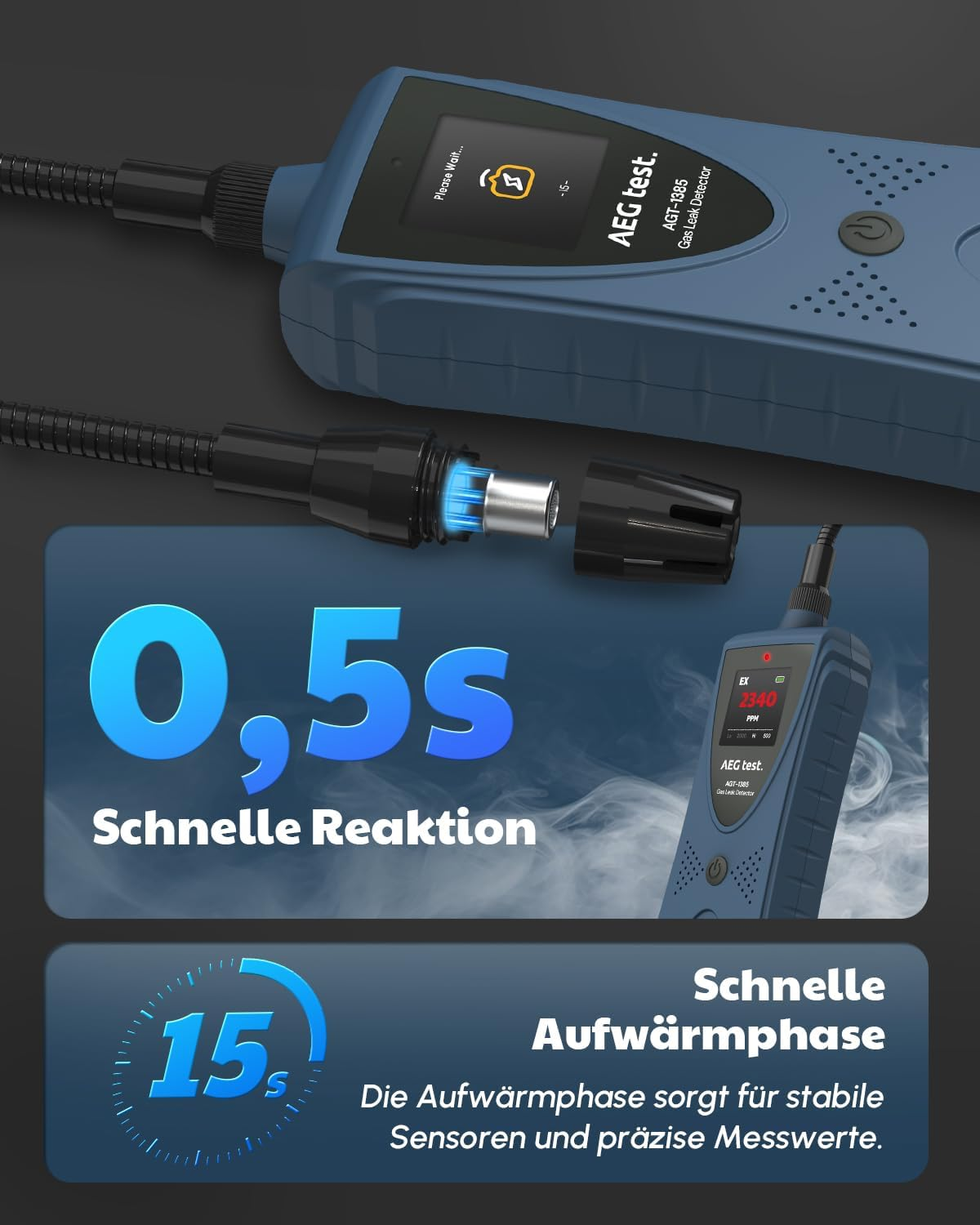 Blauer AEG Gaslecksucher mit LCD-Bildschirm und Texten zu Schnelligkeit.