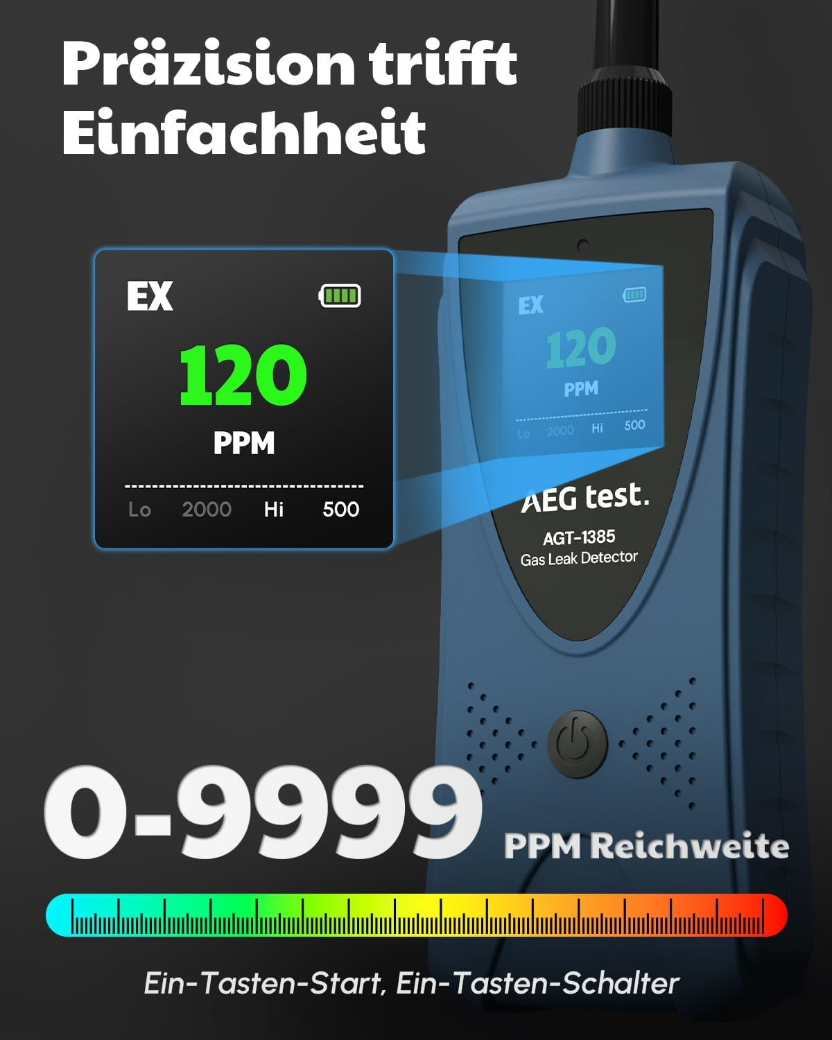 Blaues AEG Gaslecksuchgerät mit digitalem Display, das 120 PPM anzeigt, und einer Skala von 0-9999 PPM.